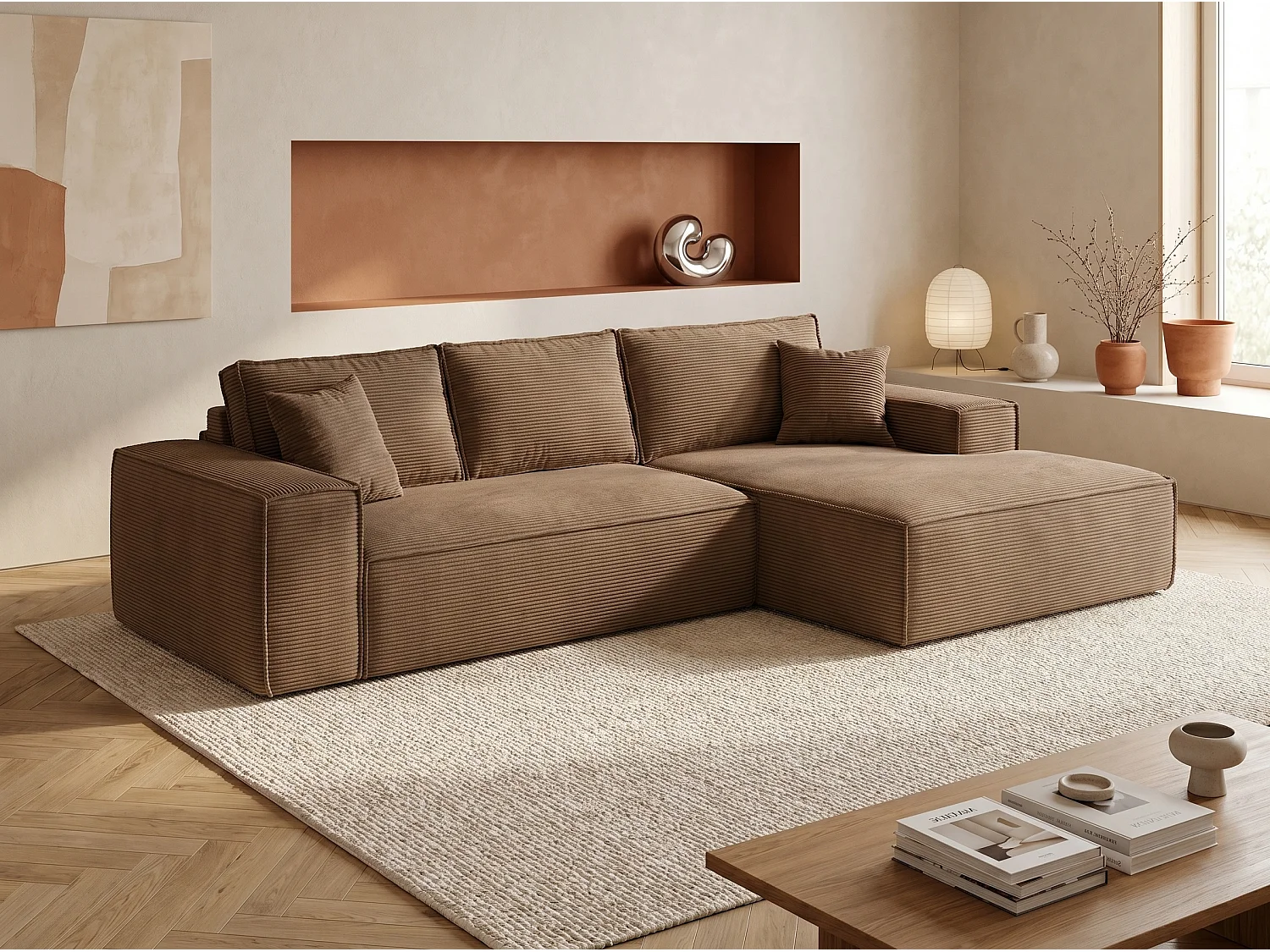 Narożnik prawostronny typu express z prążkowanego weluru taupe – pow. spania 140 cm – Materac 13 cm z pamięcią kształtu – AMELIA 4882696