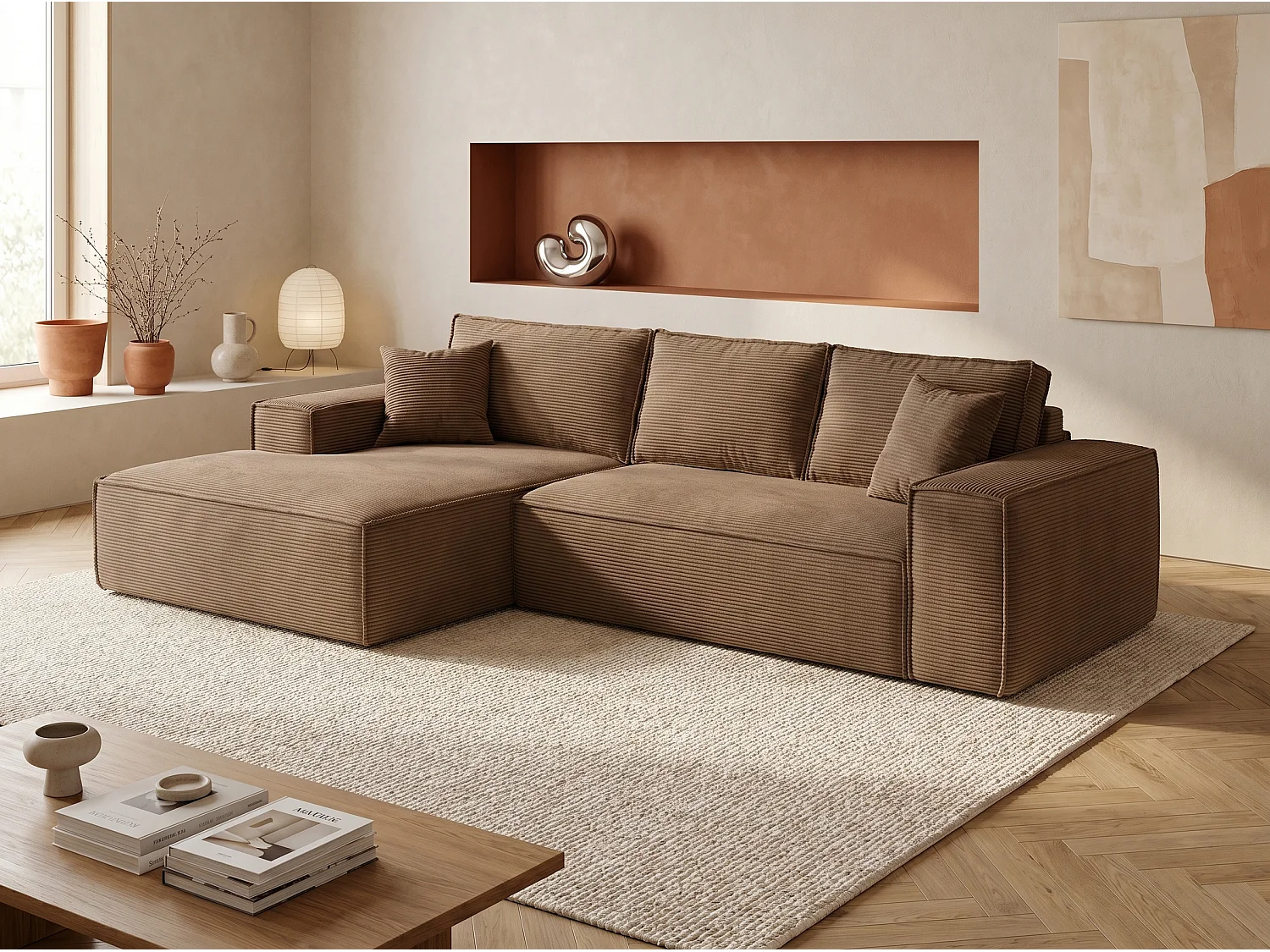 Lewostronna Kanapa narożna typu express z prążkowanego weluru w kolorze taupe – pow. spania 140 cm – Materac 13 cm z pamięcią kształtu – AMELIA 4882697