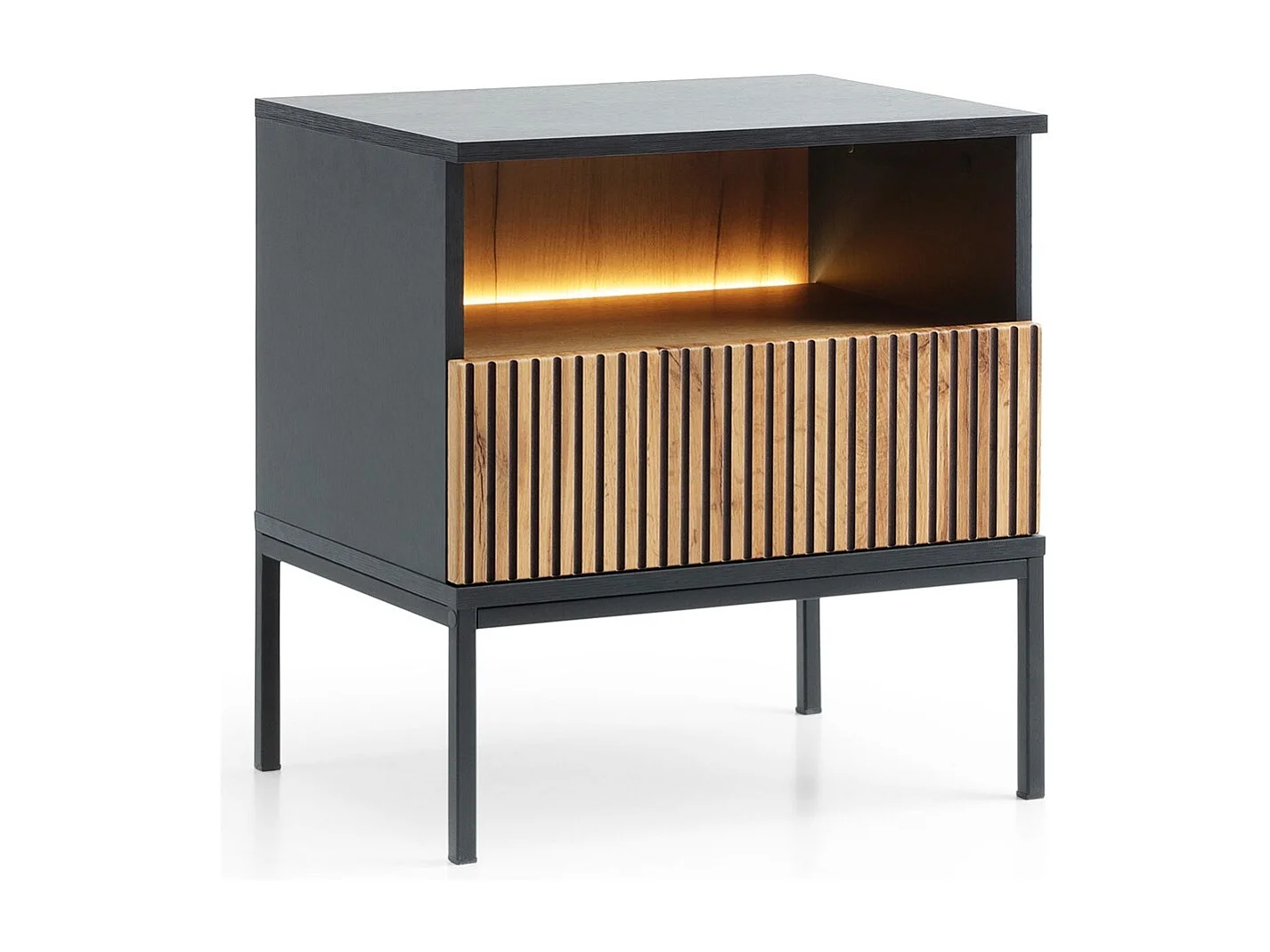 Szafka nocna 50 cm Haller - szklane drzwi, oświetlenie LED, lamele - stolik nocny z szufladą, brąz + czarny 3910561 - obrazek 1