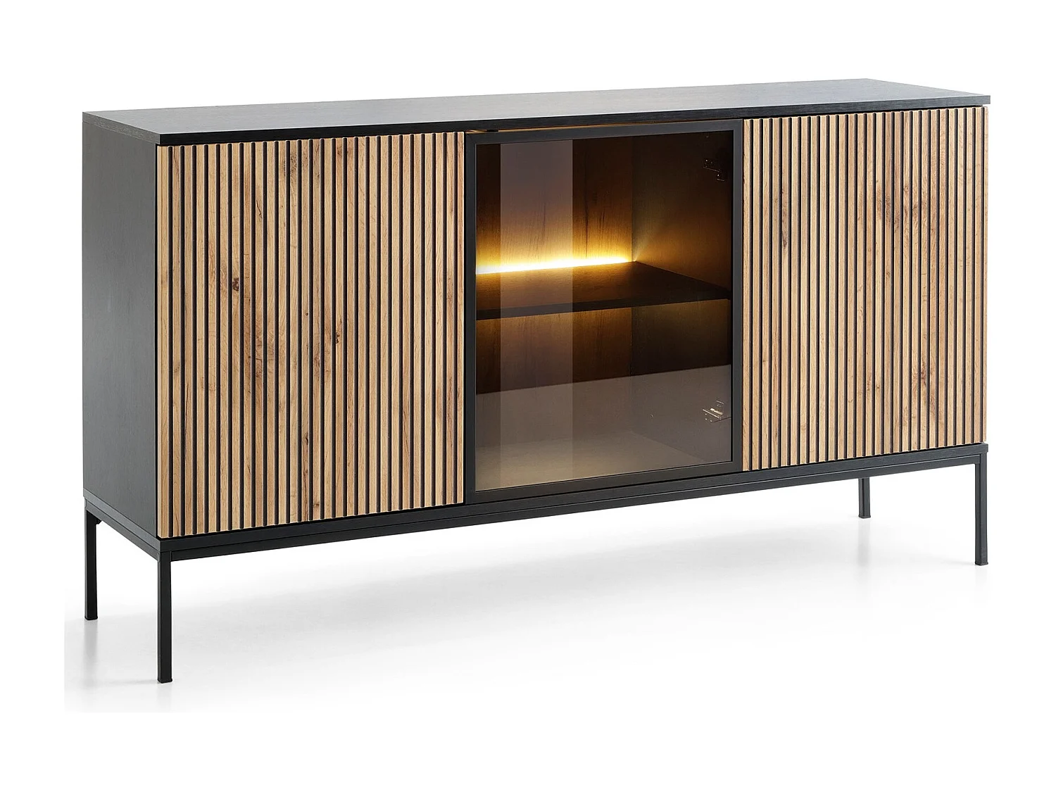 Komoda dwudrzwiowa Haller do salonu - komoda 150 cm na nóżkach, z oświetleniem LED, szklane drzwi, lamele, brąz + czarny 3978953 - obrazek 1