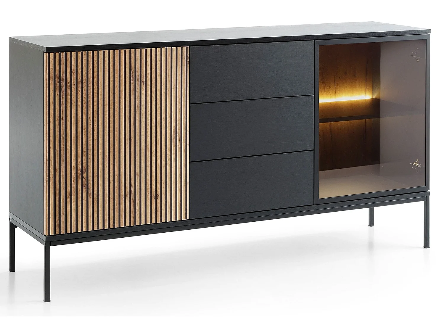 Komoda z szufladami Haller - komoda 150 cm na nóżkach, dwudrzwiowa z oświetleniem LED, szklane drzwi, lamele, brąz + czarny 3910566 - obrazek 1