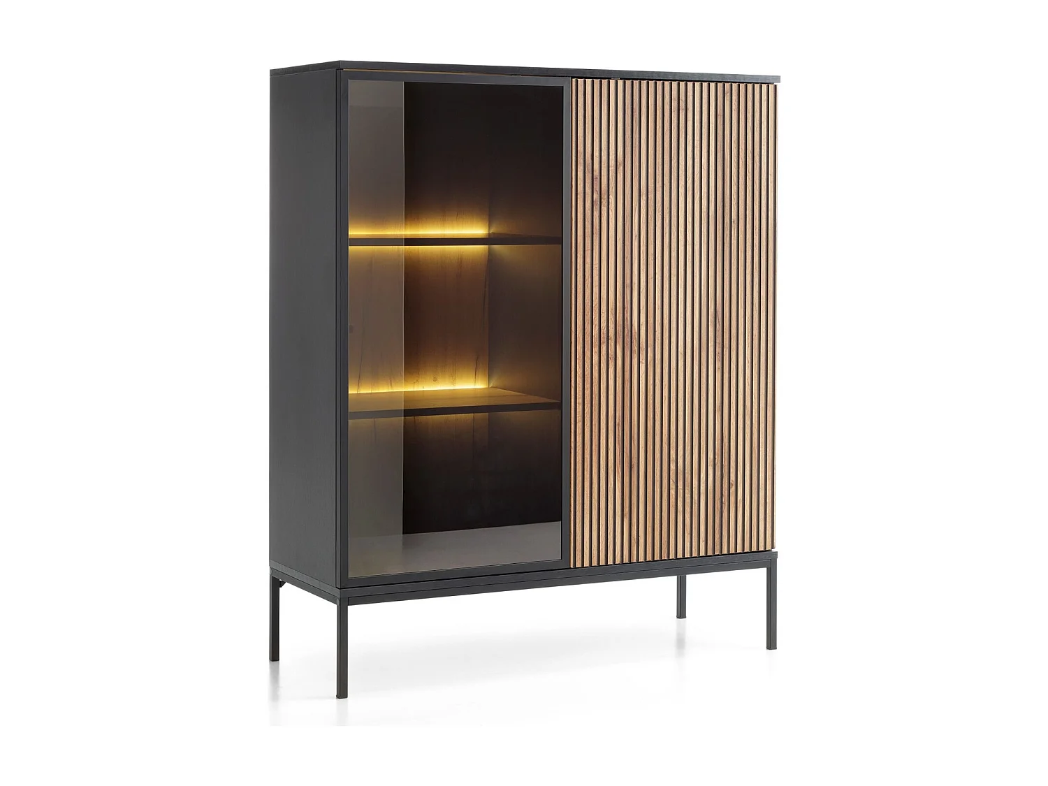 Witryna szklana Haller na nóżkach - komoda w stylu loft, szklane drzwi, oświetlenie LED - witryna 100 cm do salonu z lamelami, brąz + czarny 3910562 - obrazek 1