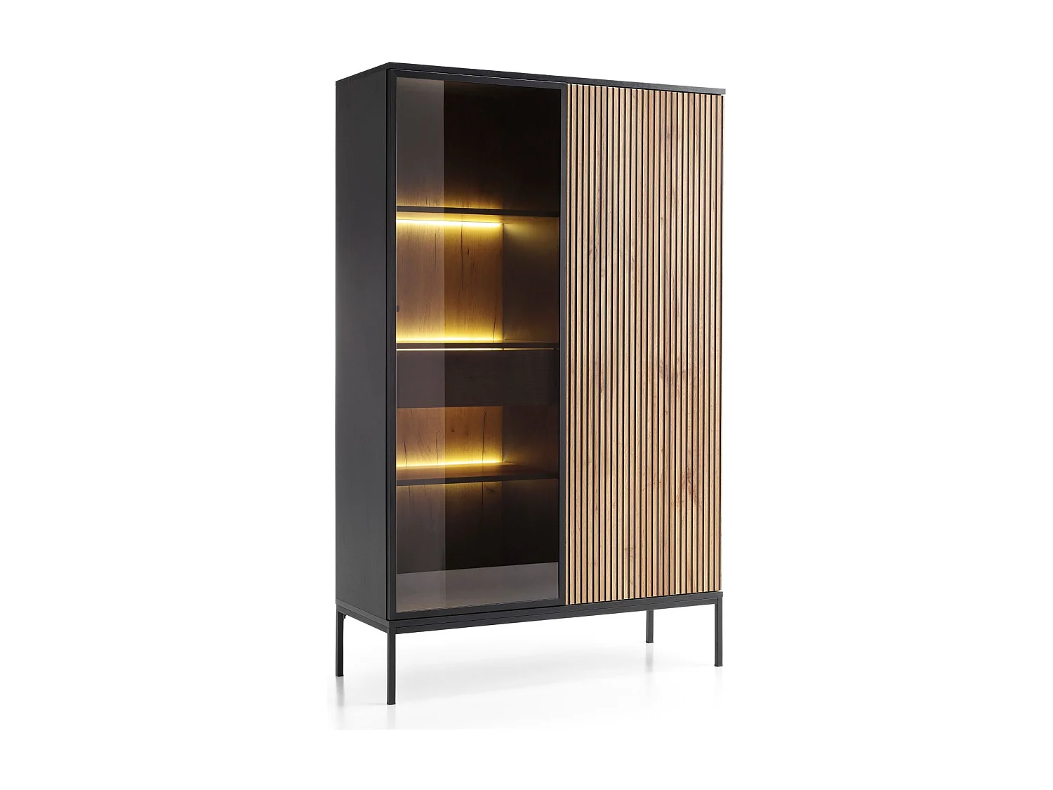 Witryna z szufladą Haller - w stylu loft, szklane drzwi, oświetlenie LED - witryna 100 cm do salonu z lamelami, brąz + czarny 3910563 - obrazek 1