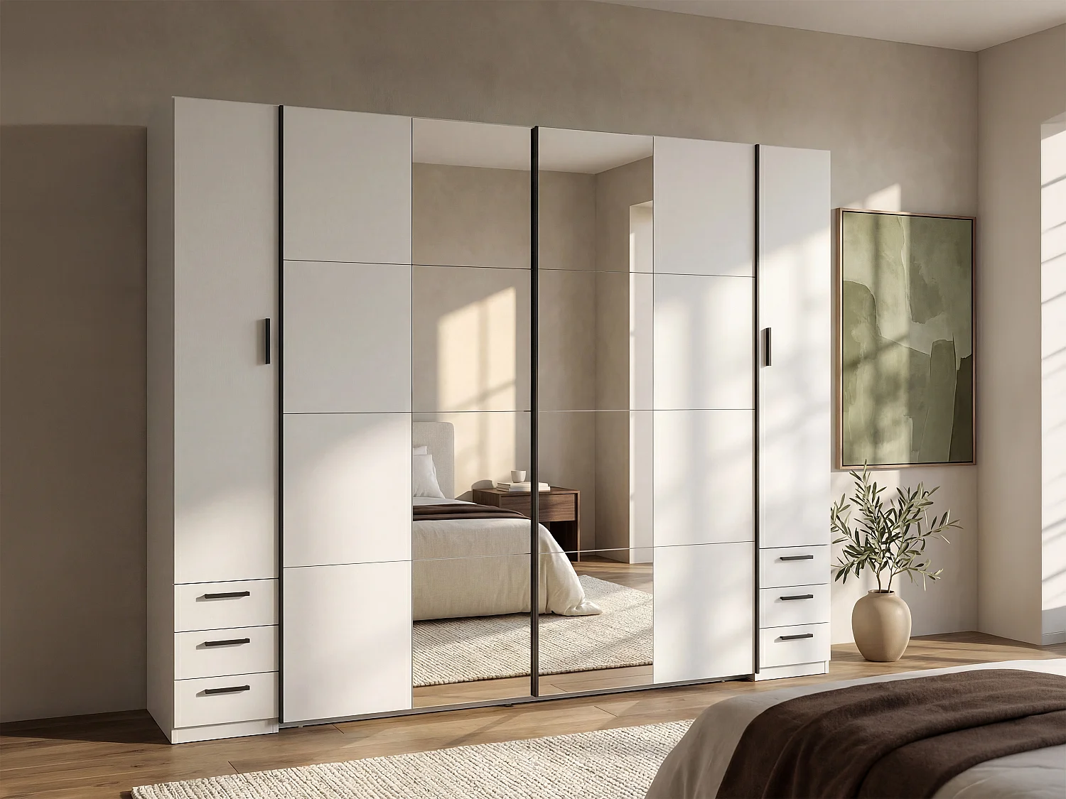 Szafa 4-drzwiowa z 6 szufladami – Z lustrem – szer. 270 cm – Biały – ARVOLIA 3757336