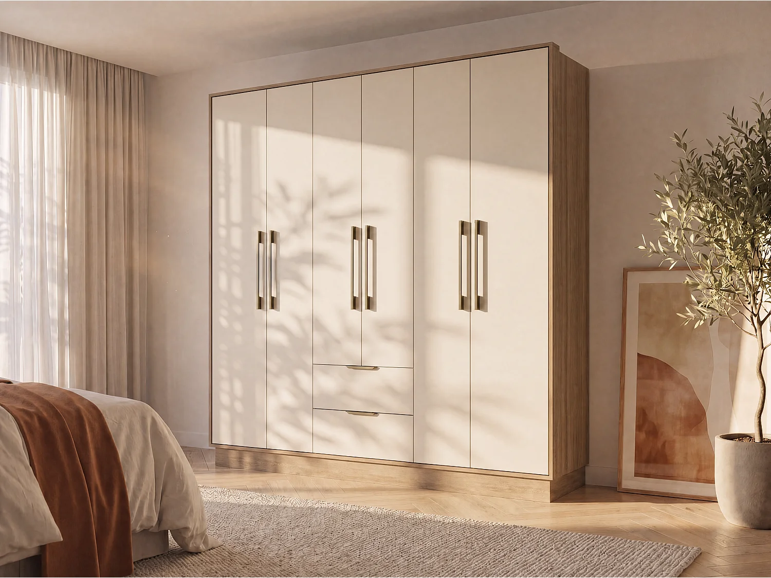 Szafa 6-drzwiowa z 2 szufladami – szer. 162 cm – Beżowy i naturalny – FEOVA 3580926