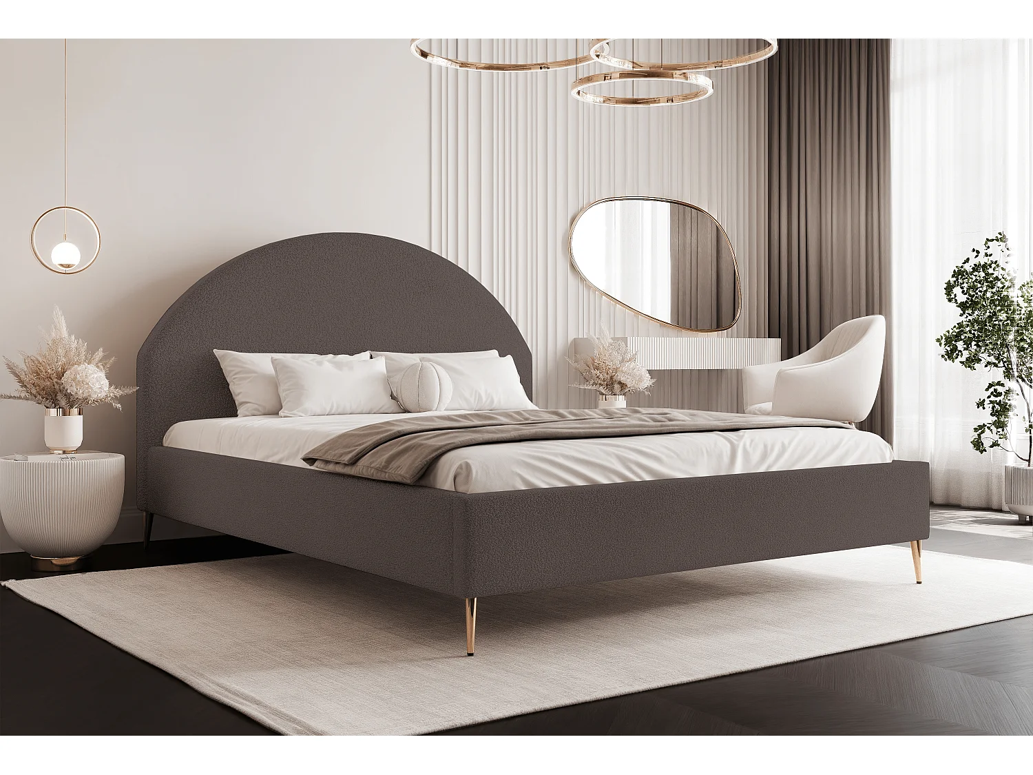 BESILIO Łóżko tapicerowane Boucle 140x200 Velora II - stelaż listwowy, wezgłowie, pojemnik, łóżko slim, wysokie złote nogi - Brązowy 4745174 - obrazek 1