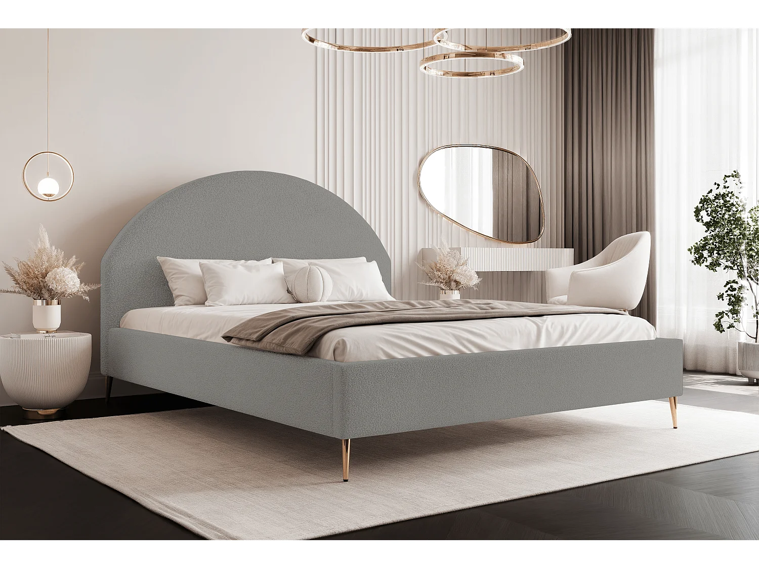 BESILIO Łóżko tapicerowane Boucle 200x200 Velora II - stelaż listwowy, wezgłowie, pojemnik, łóżko slim, wysokie złote nogi - Jasnoszary 4745161 - obrazek 1