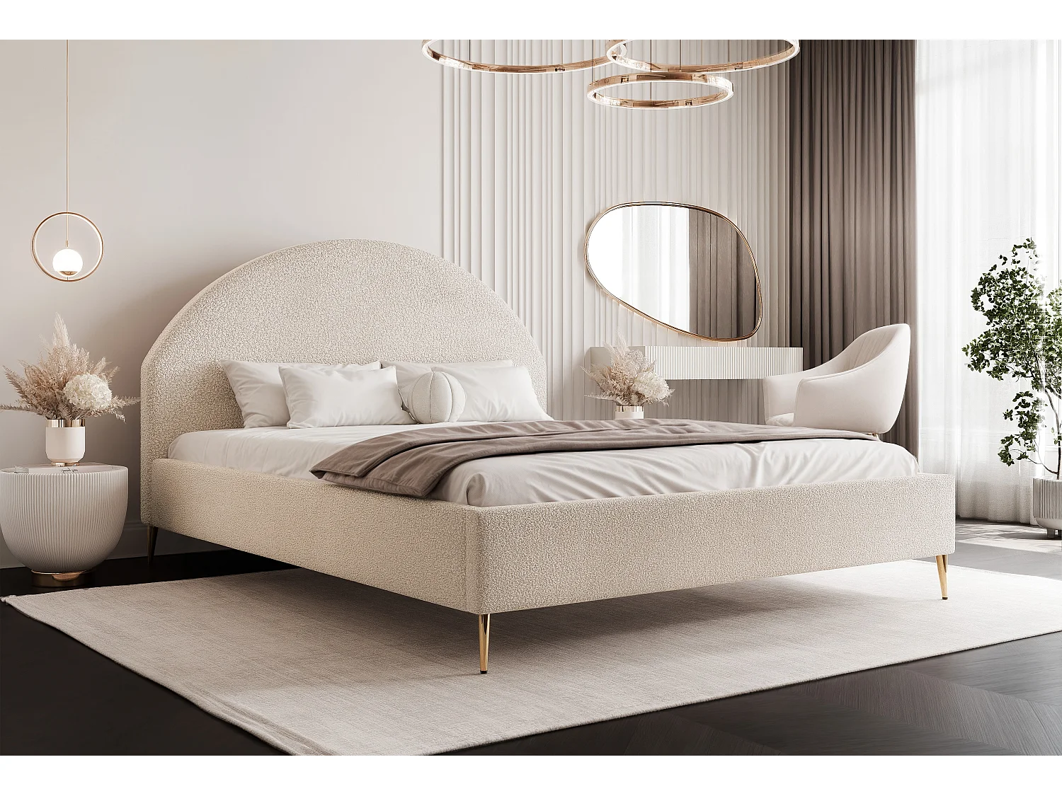 BESILIO Łóżko tapicerowane Boucle 160x200 Velora II - stelaż listwowy, wezgłowie, pojemnik, łóżko slim, wysokie złote nogi - Kremowy 4745173 - obrazek 1