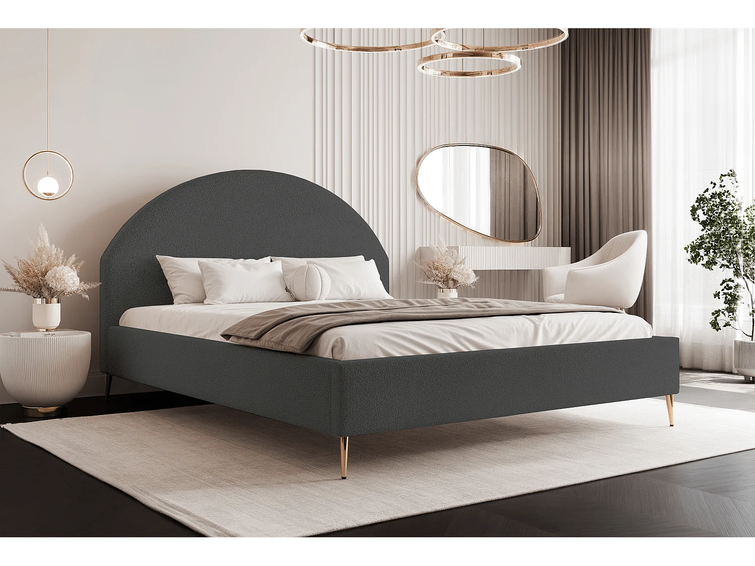 BESILIO Łóżko tapicerowane Boucle 180x200 Velora II - stelaż listwowy, wezgłowie, pojemnik, łóżko slim, wysokie złote nogi - Szary 4745164 - obrazek 1
