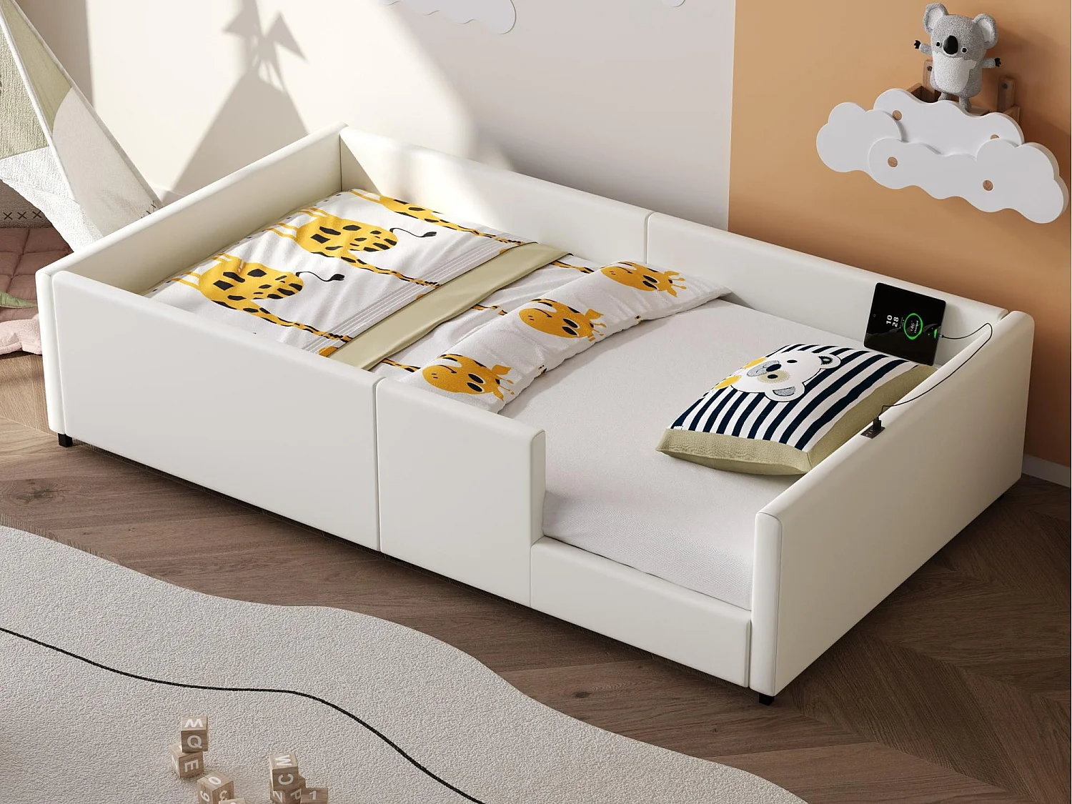 Łóżko dziecięce 90x200cm - z barierkami zabezpieczającymi - z portami USB i Type-C - MDF + PU - Biały (materac nie jest wliczony w cenę) 4771849 - obrazek 1