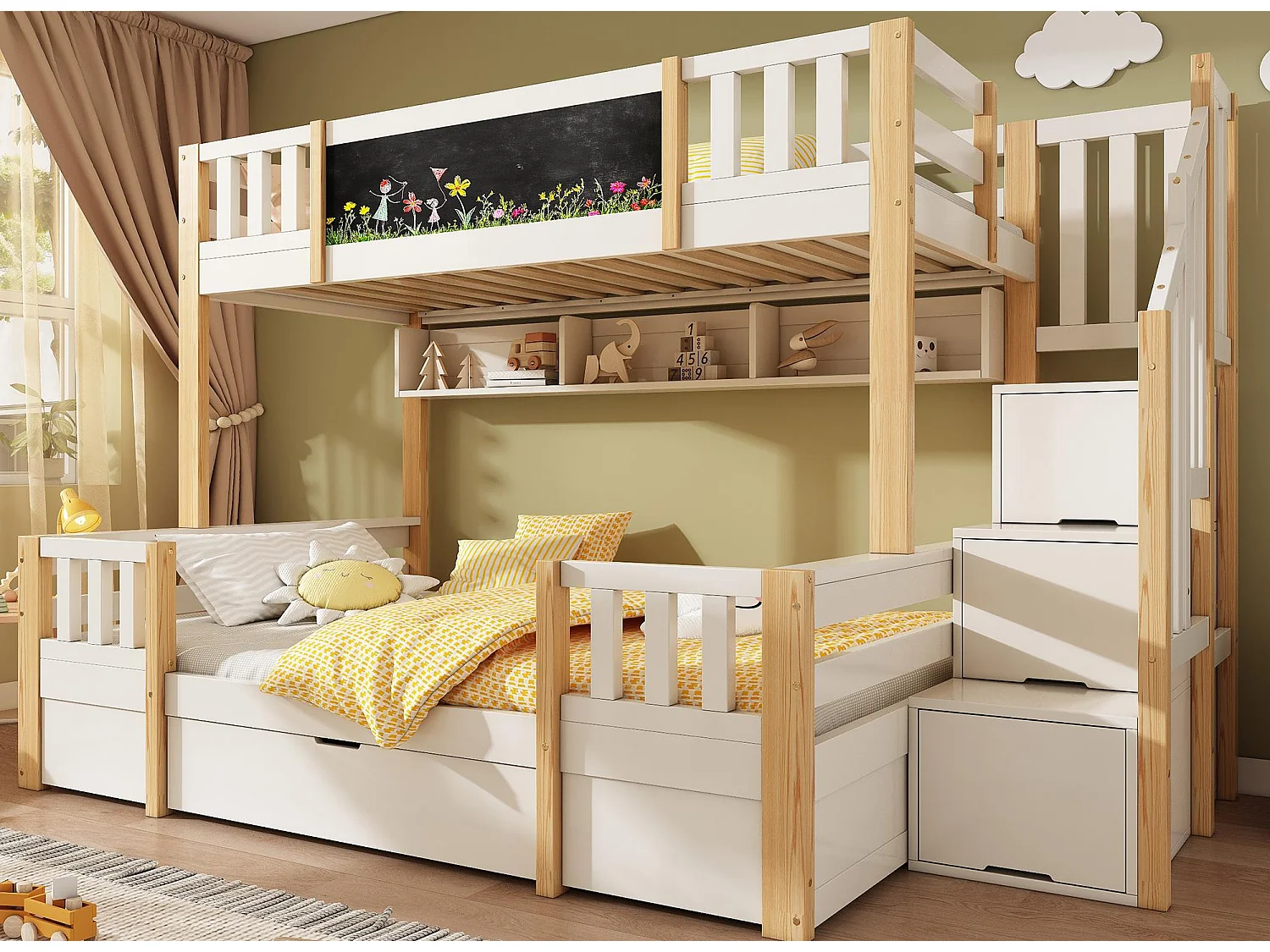 Łóżko piętrowe 90x200cm + 140x200cm – z tablicą kredową – z 1 szufladą i schodkami z miejscem do przechowywania – Drewno lite + MDF – Biały + Kolor naturalny 4811698