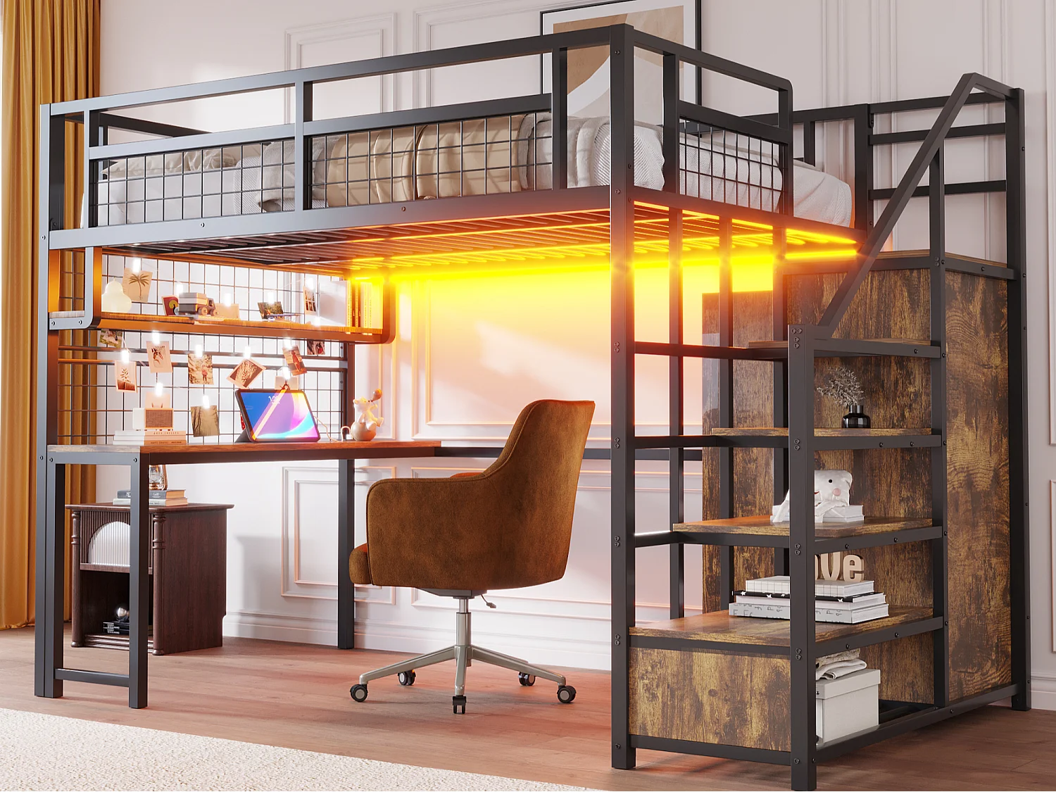 Łóżko mezzanine 140x200 cm - z oświetleniem LED i gniazdkami - z drabinką z miejscem do przechowywania - z szafą - przechowywanie i stolik - czarny 4452280 - obrazek 1