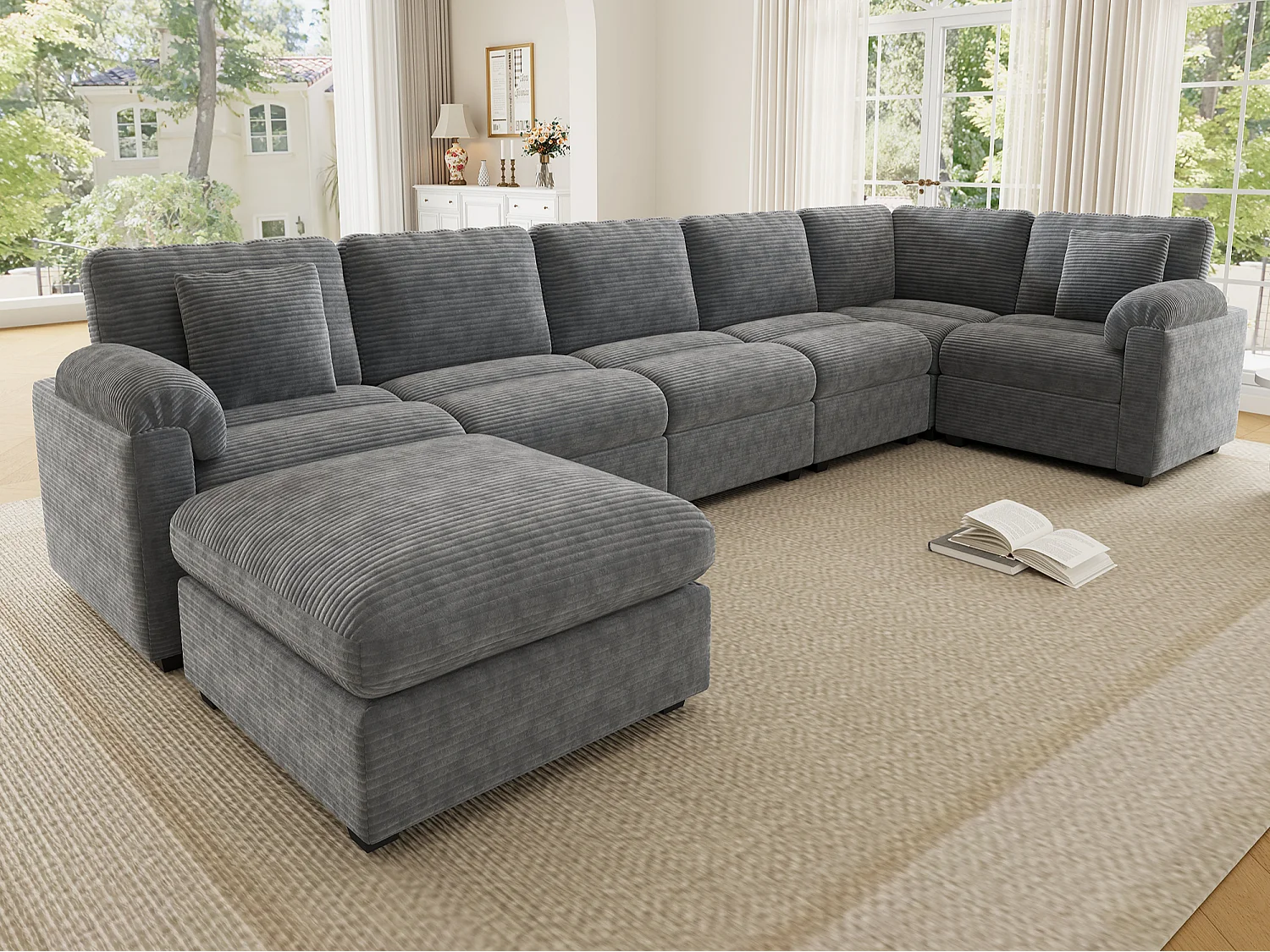 Extra duża sofa narożna w kształcie litery U dla 7 osób - aksamit prążkowany - z poduszkami i osobnym pufem - szary 5006498 - obrazek 1