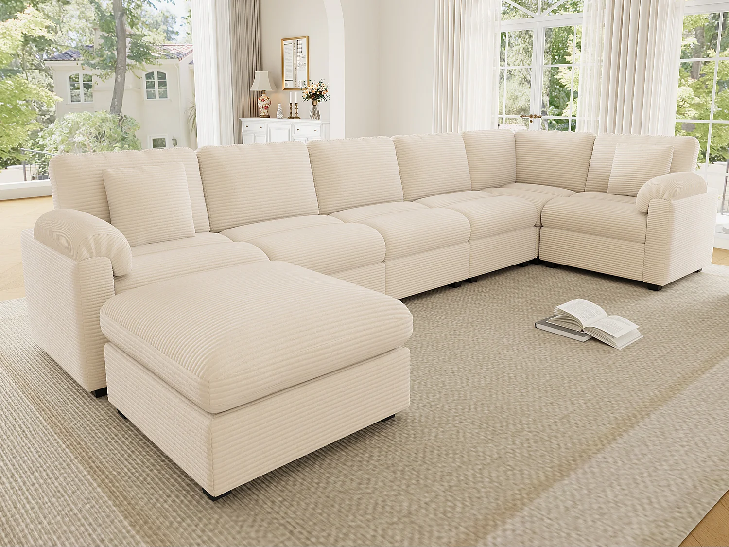 Extra duża sofa narożna w kształcie litery U dla 7 osób - aksamit prążkowany - z poduszkami i osobnym pufem - beżowy 5006503 - obrazek 1