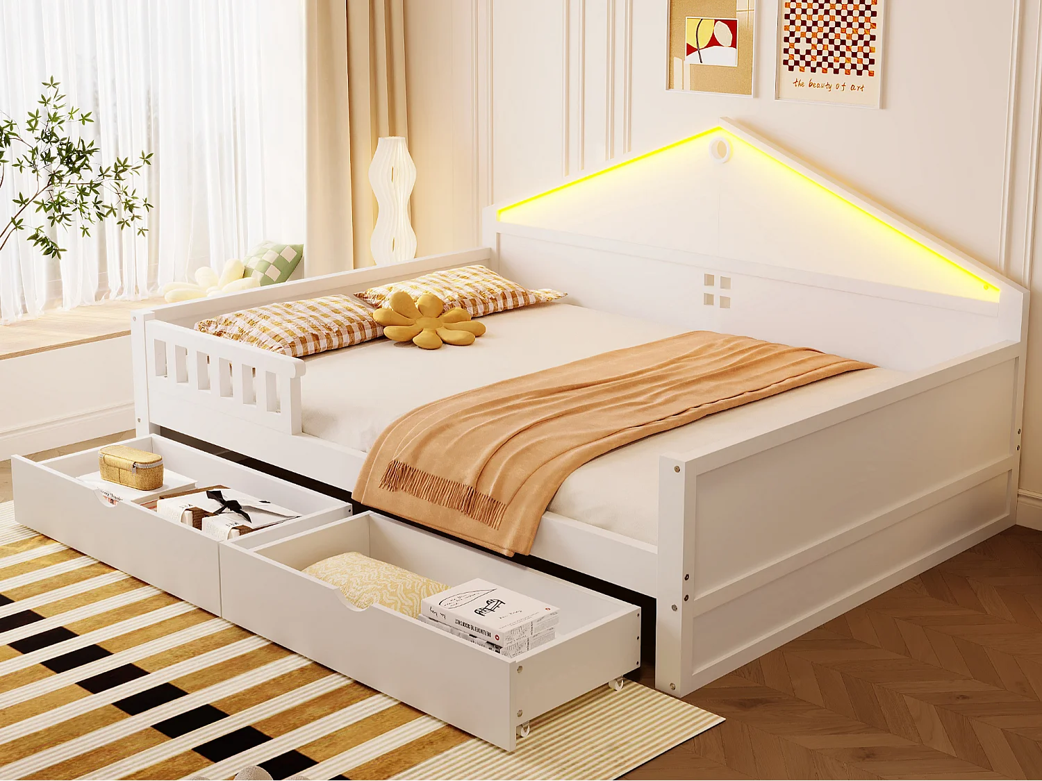 Łóżko dziecięce 140×200 cm - z oświetleniem LED - z 2 szufladami - stelaż listewkowy - białe (materac nie jest dołączony) 5006593 - obrazek 1