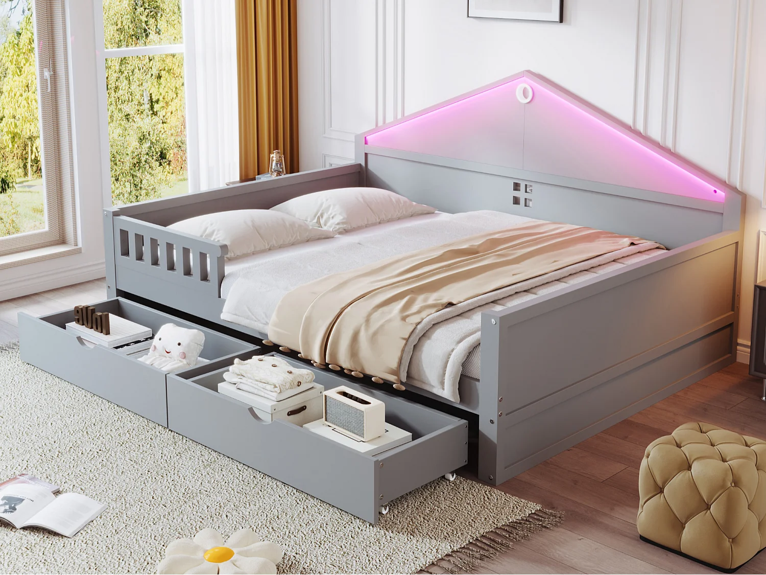 Łóżko dziecięce 140×200 cm - z oświetleniem LED - z 2 szufladami - stelaż listewkowy - szare (materac nie jest dołączony) 5006610 - obrazek 1