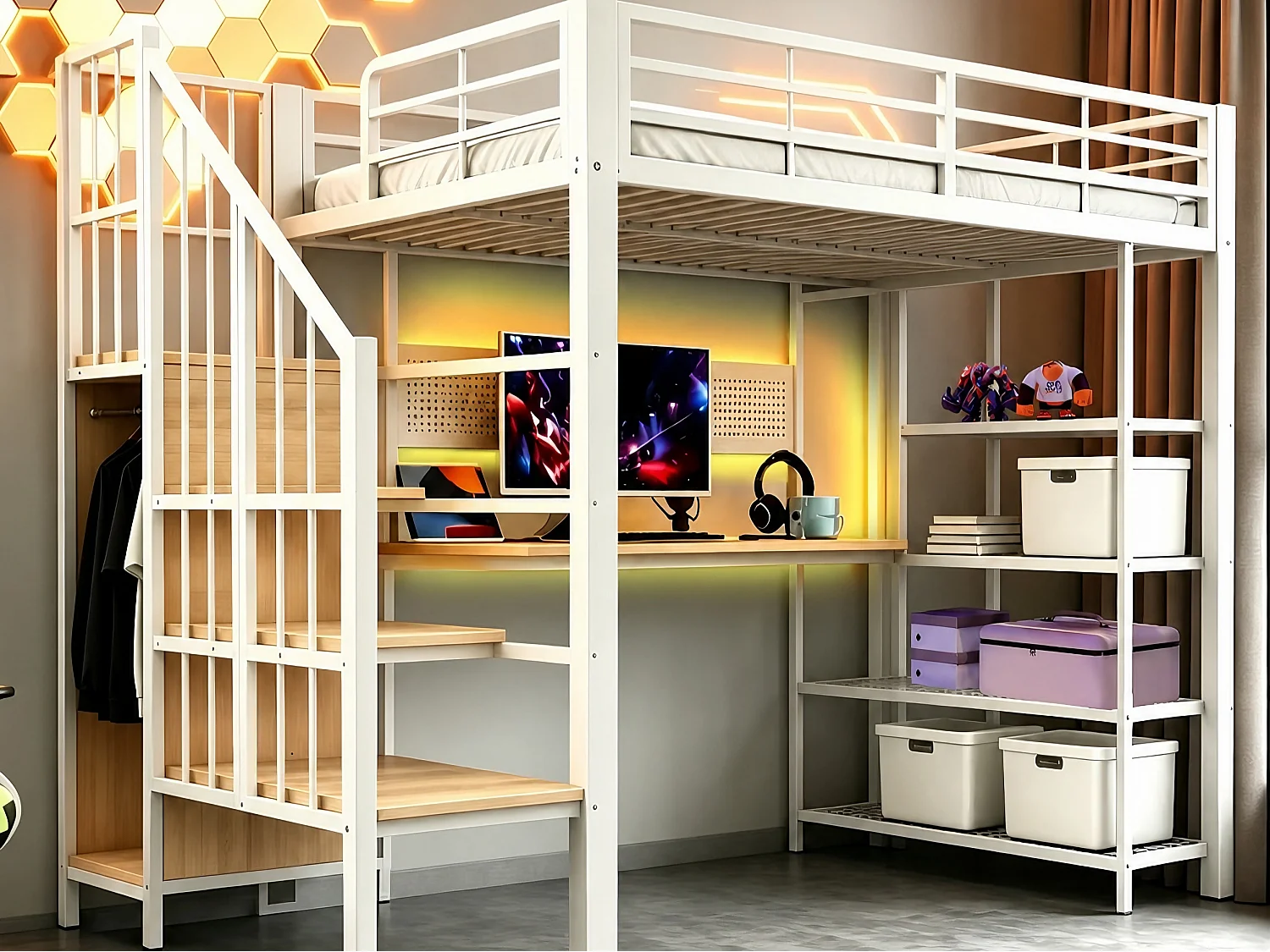 Łóżko piętrowe 90 x 200 cm - Z biurkiem - Z gniazdkiem elektrycznym - Z oświetleniem LED - Biały (bez materaca) 5006733 - obrazek 1
