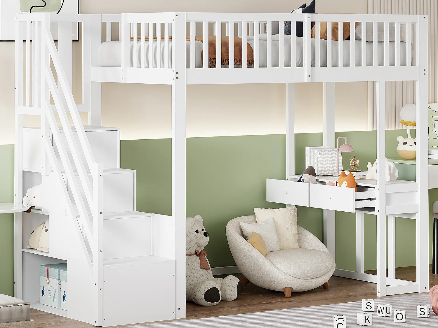 Łóżko mezzanine 90x200cm z drewna - z biurkiem i schodami do przechowywania - Białe 3429651 - obrazek 1