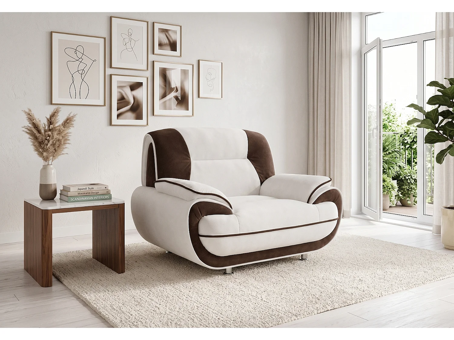 Fotel PALERMO – elegancki fotel do salonu w tkaninie KRONOS biało- brązowej 5009170 - obrazek 1