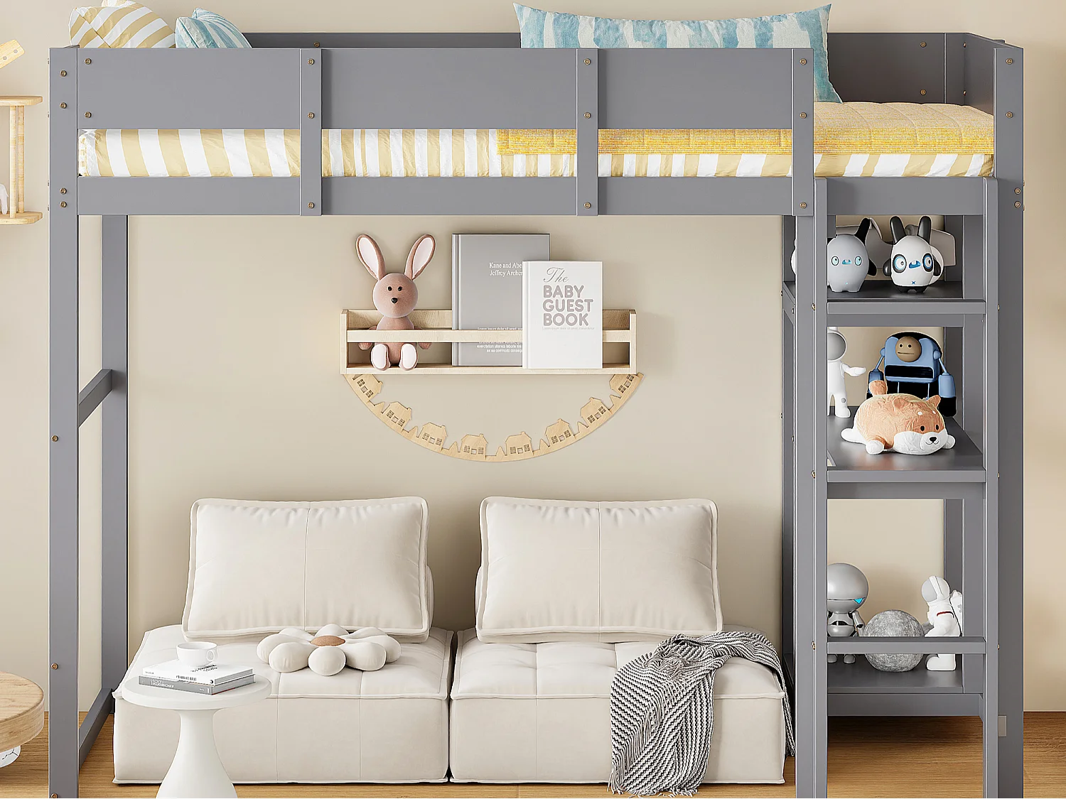 Łóżko mezzanine 90 x 200 cm - z drabiną - z półkami do przechowywania - drewno lite - z stelażem na materac - szare (materac nie jest w zestawie) 3979996 - obrazek 1