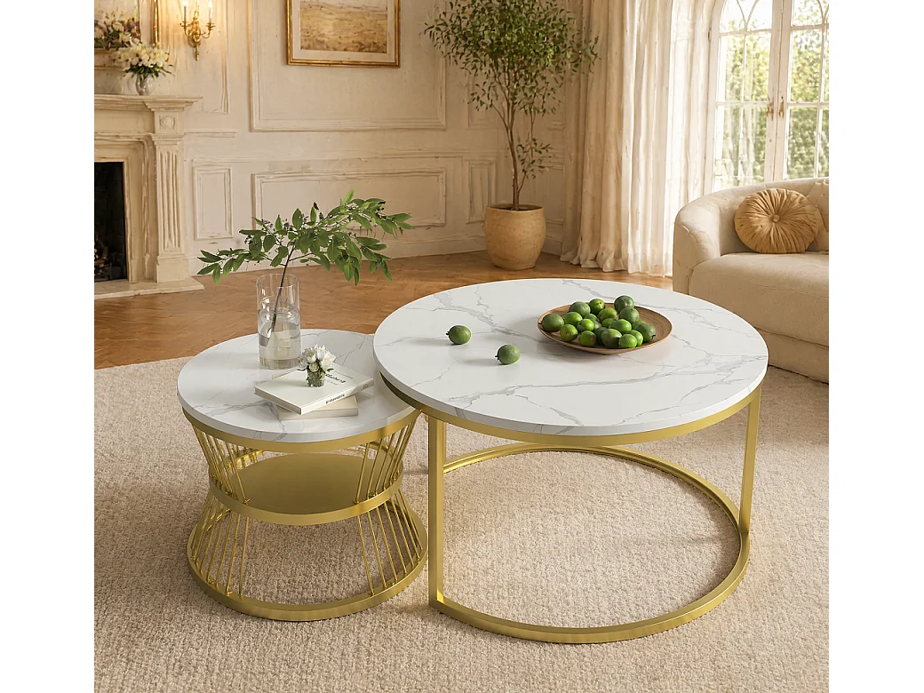 Biały okrągły stolik kawowy z efektem marmuru 70+45 cm, metal i MDF, nowoczesny design, lekki i kompaktowy 4871358