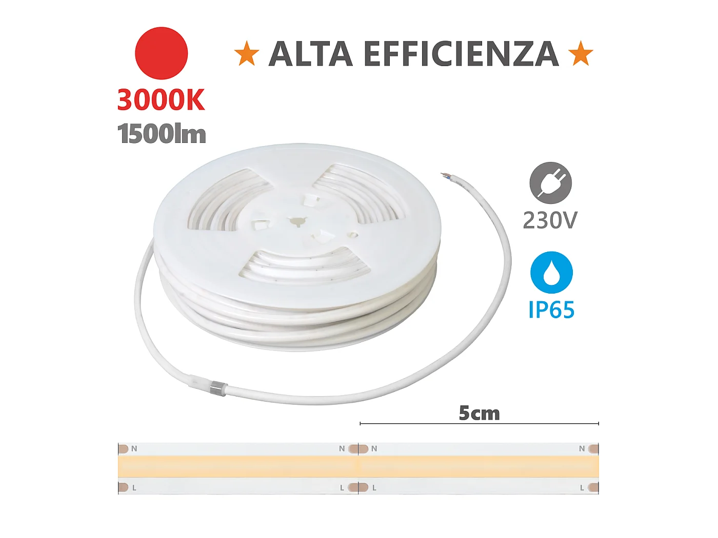 Alcapower Taśma LED 230V Seria HEM IP65 20m 3000K 15W/m 1500lm/m Ciepła Biel Rozproszone Światło Wysoka Wydajność 260 LED/m 230V AC 5013942