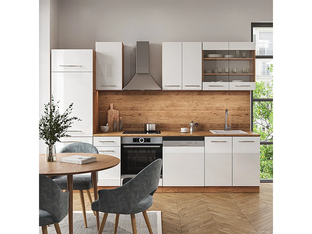 Aneks kuchenny biały wysoki połysk/złoty dąb power 300x60x81.6 fame-line 4782233