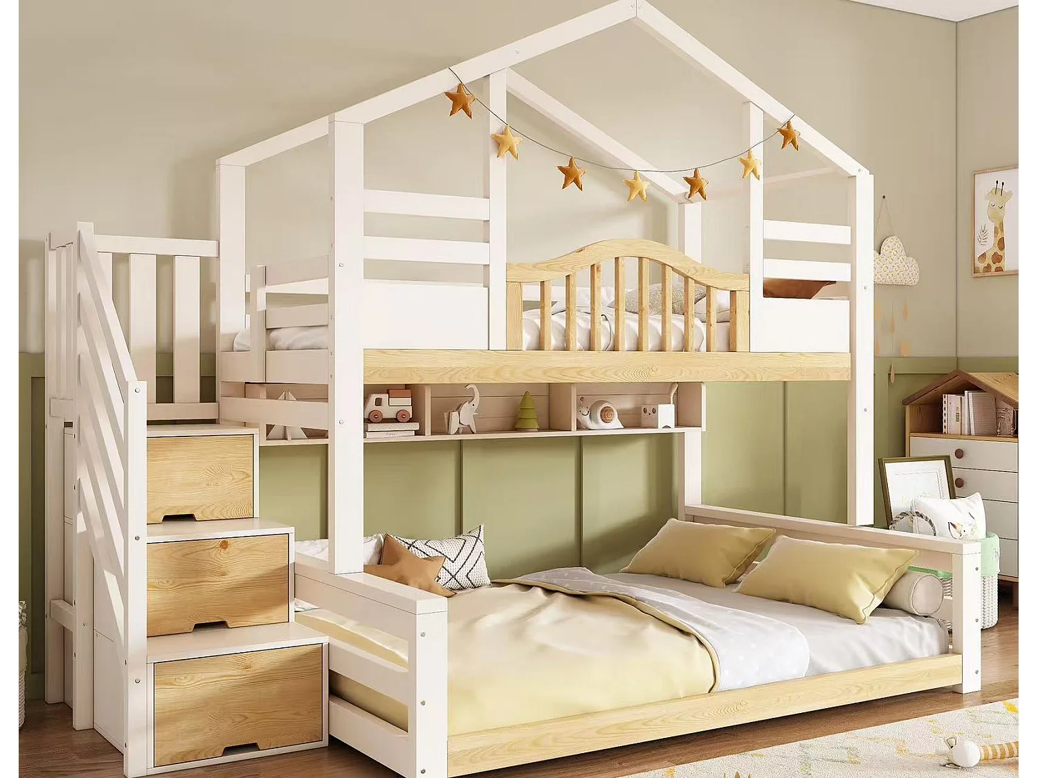 Łóżko piętrowe 90×200 cm + 140×200 cm – design domku – z drabinką z miejscem do przechowywania i półkami – lite drewno + MDF – biały + naturalny (bez materaca) 5015562