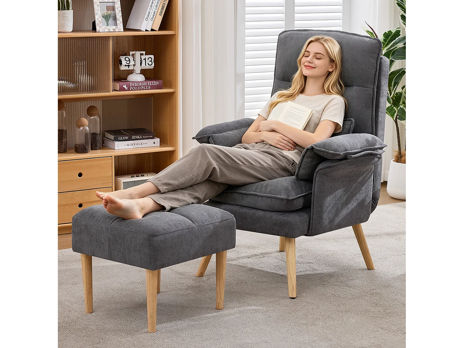 Fotel relaksacyjny z podnóżkiem, ergonomiczny fotel do czytania, oparcie w 5 pozycjach z poduszką, tkanina lniana i nogi z litego drewna - szary 5015618 - obrazek 1