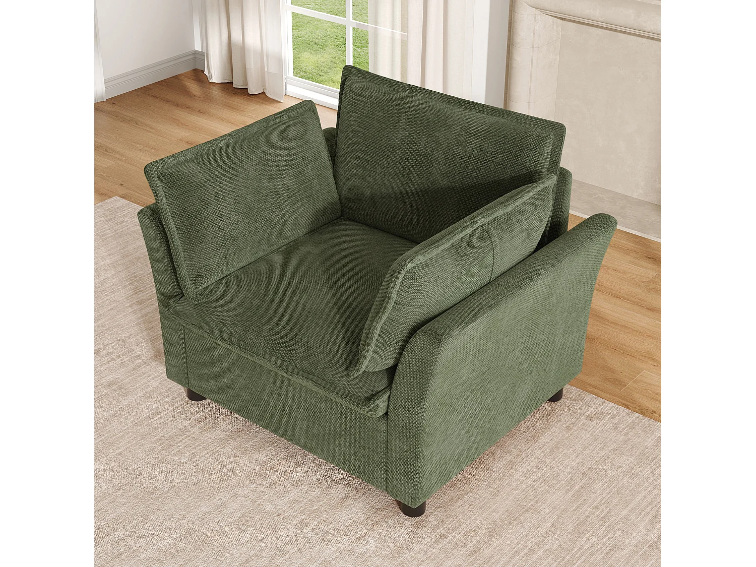 Ergonomiczny fotel do salonu z tkaniny szenilowej, fotel do czytania z poduszką i wygiętymi podłokietnikami, solidna konstrukcja 90x81x87 cm - zielony 5015654 - obrazek 1
