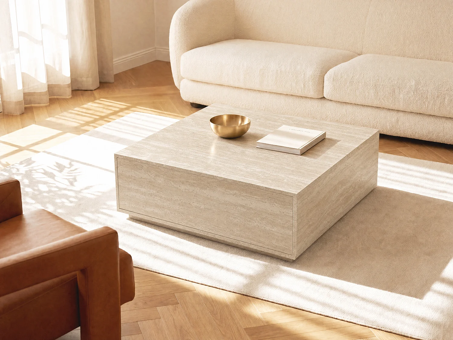 Stolik kawowy z 2 szufladami z MDF - szer. 90 cm Efekt beżowego trawertynu - ANTRIM 3549585 - obrazek 1