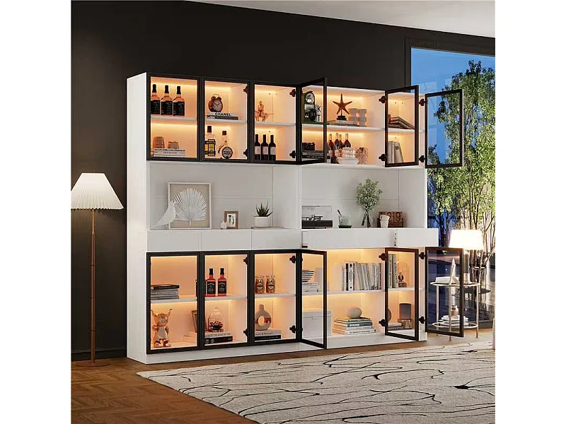 2 nowoczesne wysokie witryny szklane – 120 x 36 x 200 cm – z diodami LED + 6 drzwi – do kolekcji/sypialni – płyta wiórowa – kolor biały 4853595