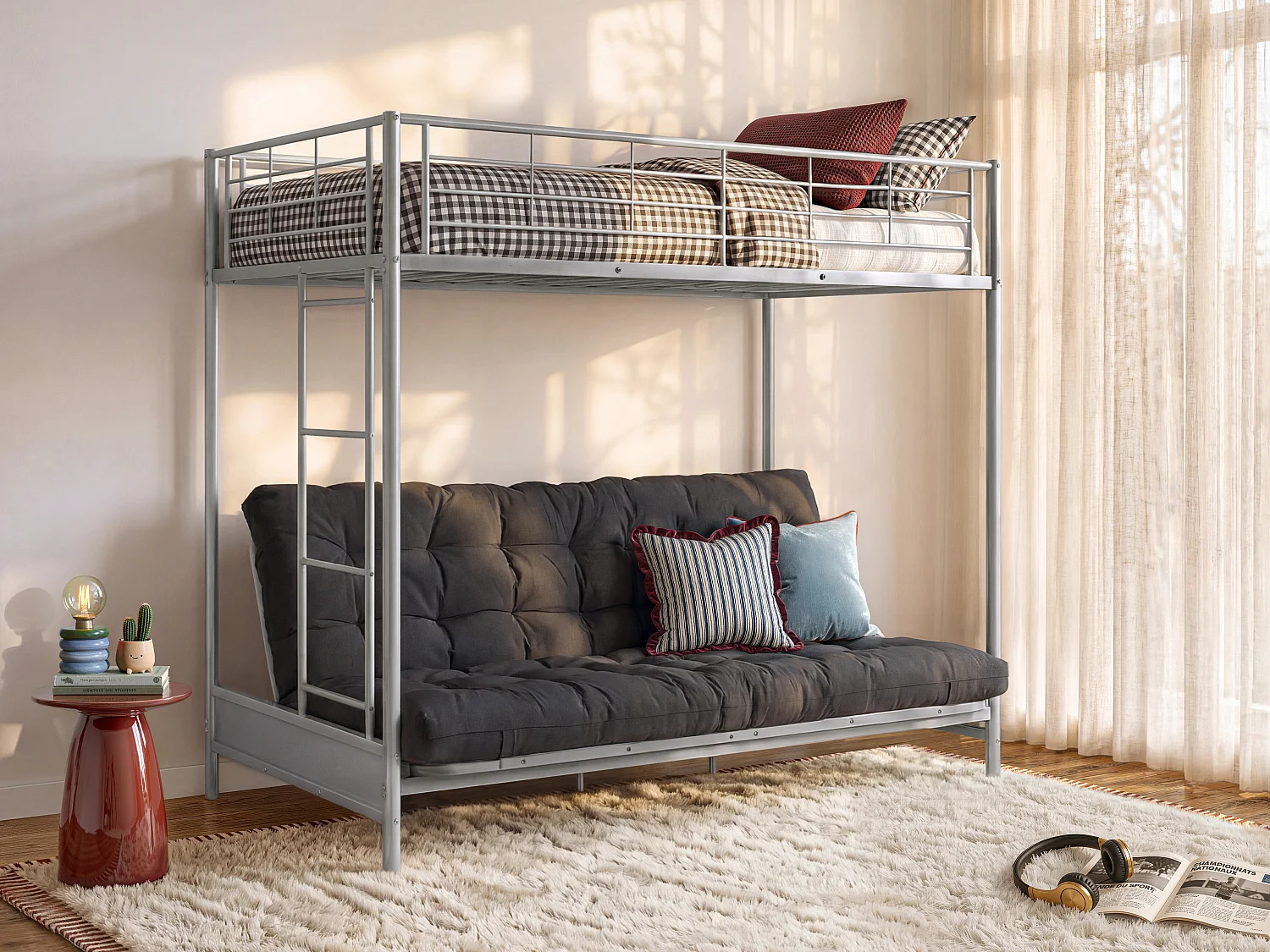Łóżko na antresoli 90 x 190 cm - Z rozkładaną ławką - Metal - Srebrny + Czarny Futon - MODULO V 499215 - obrazek 1
