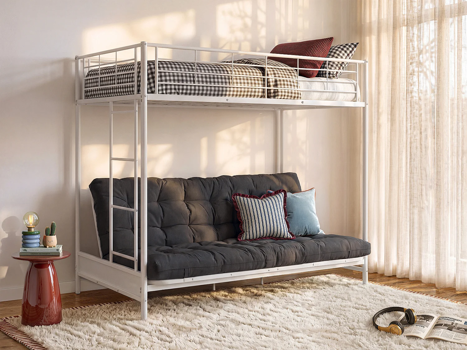 Łóżko na antresoli 90 x 190 cm - Z rozkładaną kanapą - Metal - Kolor biały + czarny futon - MODULO V 499211 - obrazek 1