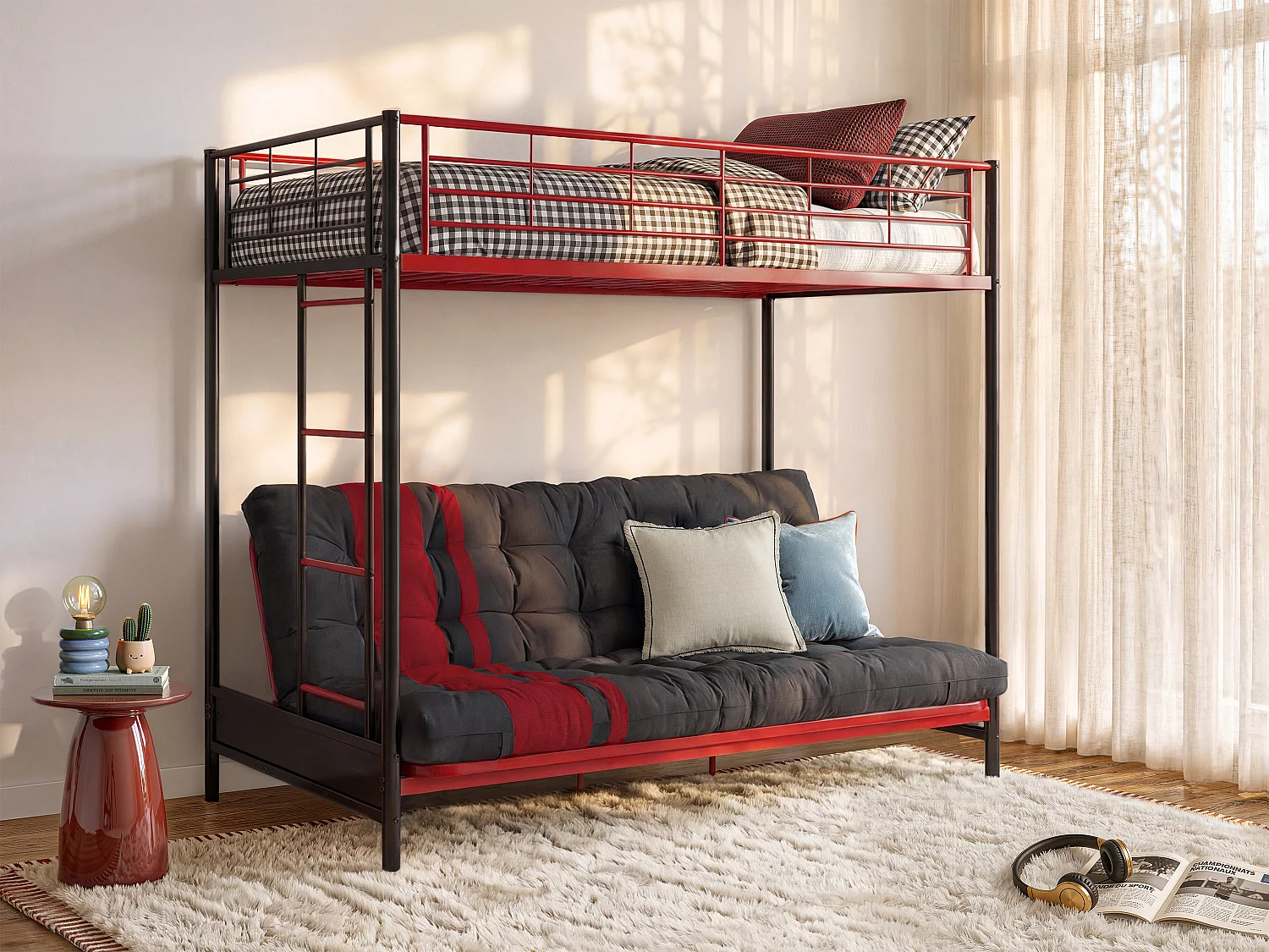 Łóżko na antresoli 90 x 190 cm - Z rozkładaną kanapą - Metal - Kolor czarny + czerwony + futon - MODULO V 499221 - obrazek 1