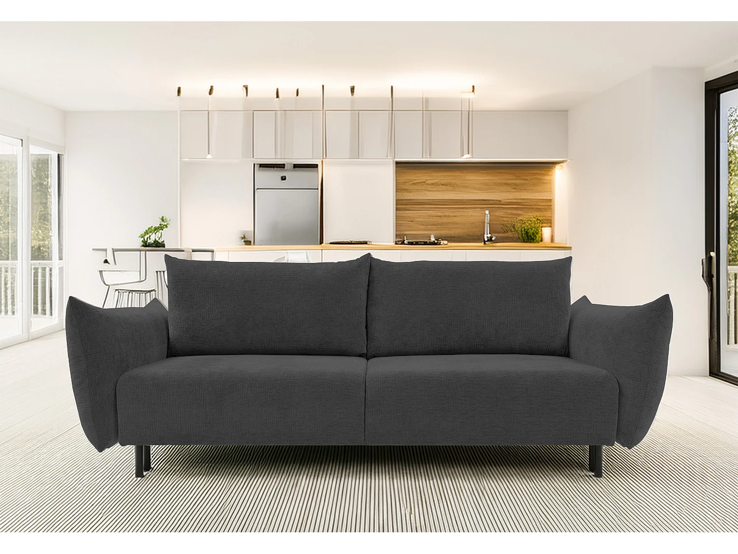 ADEL-Sofa nowoczesna sofa z funkcją spania, pojemnikiem, silikonowe poduszki, sprężyny faliste, GRAFITOWA, 145×200 cm 3870743