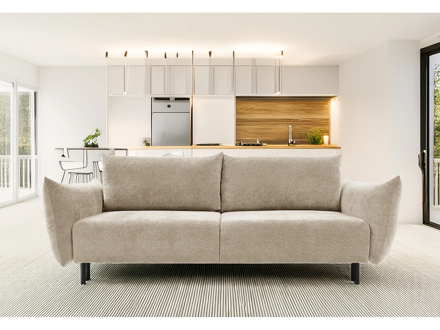 ADEL-Sofa nowoczesna sofa z funkcją spania, pojemnikiem, silikonowe poduszki, sprężyny faliste, BEŻOWA, 145×200 cm 3870672