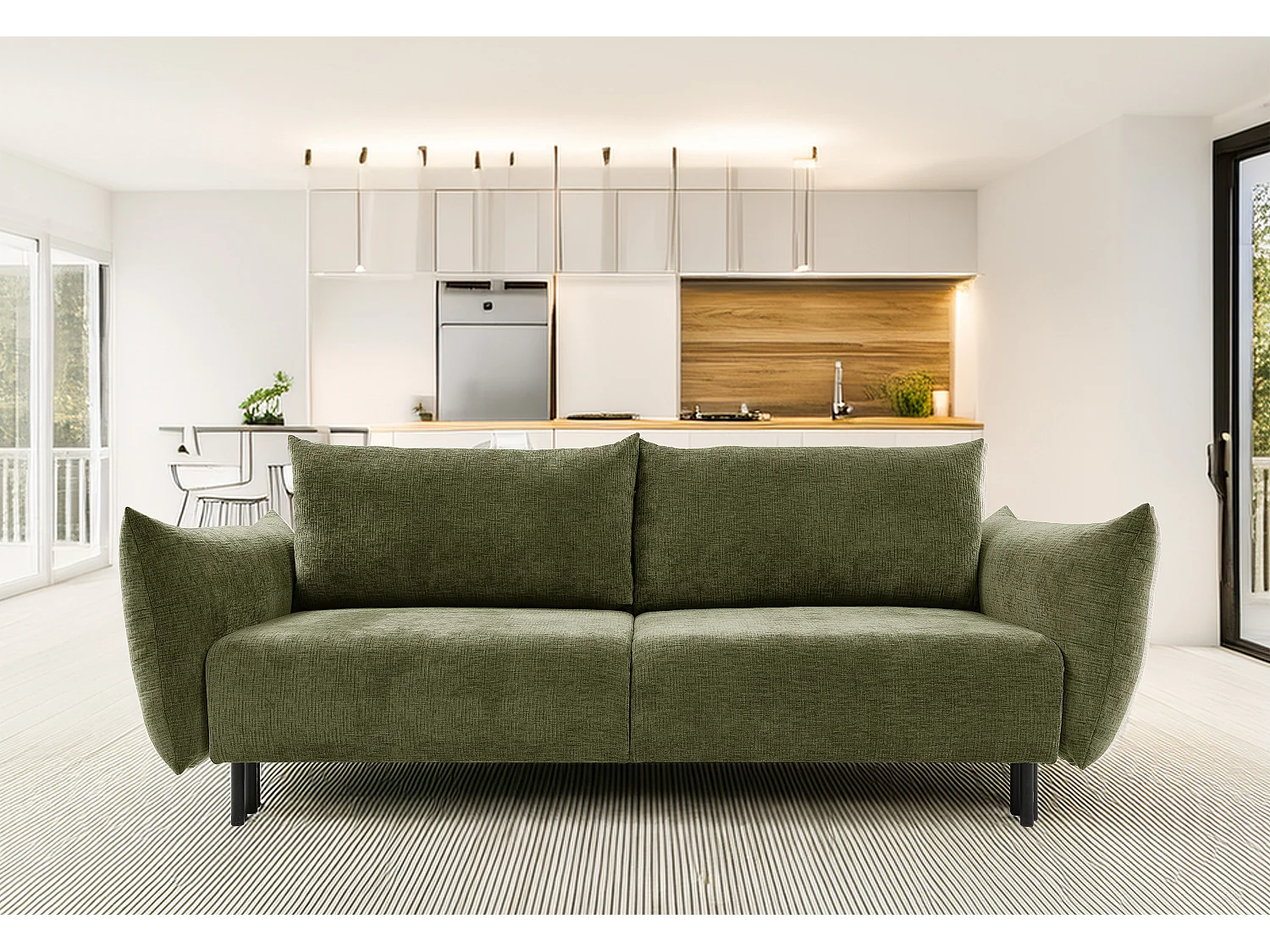 ADEL-Sofa nowoczesna sofa z funkcją spania, pojemnikiem, silikonowe poduszki, sprężyny faliste, OLIWKOWA, 145×200 cm 3870674