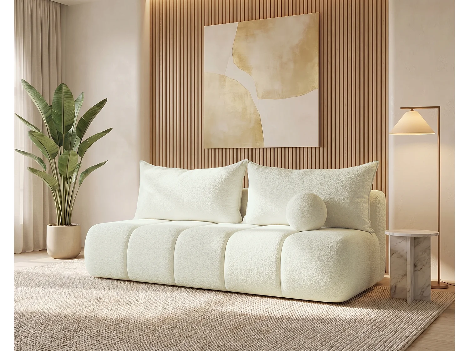 BESILIO Obła kanapa rozkładana Glomi - tkanina boucle, sofa z funkcją spania- Kremowy 4786366 - obrazek 1