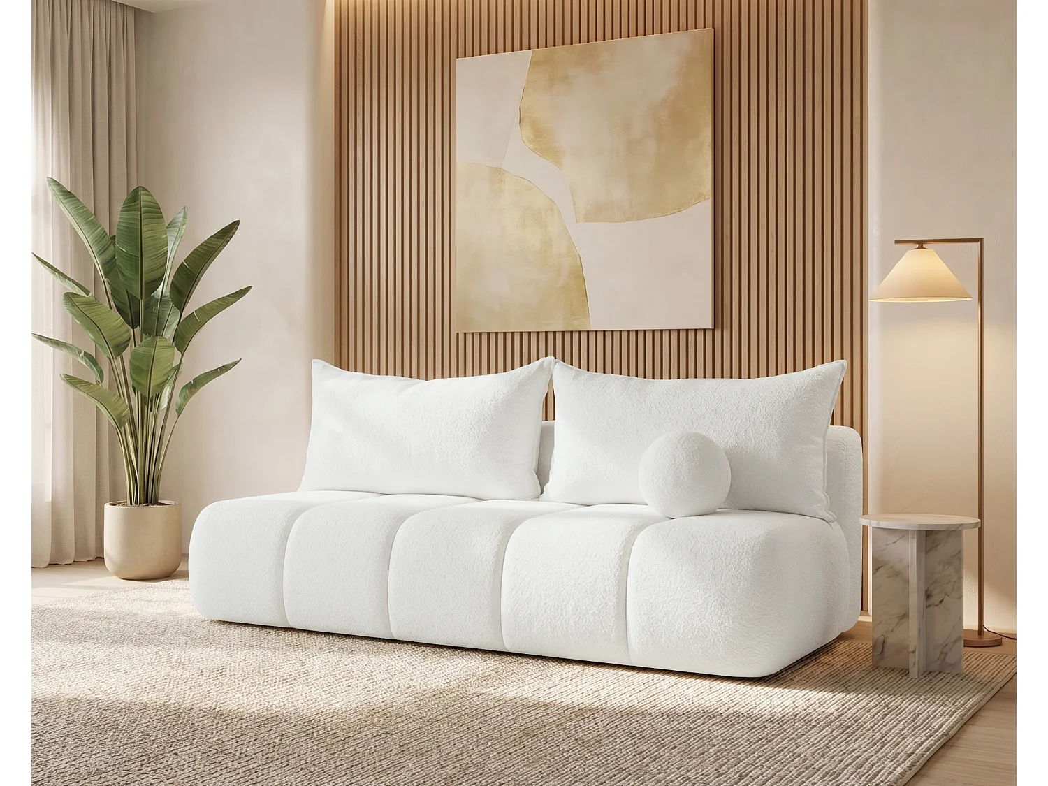 BESILIO Obła kanapa rozkładana Glomi – tkanina boucle, sofa z funkcją spania- Biały 4786381
