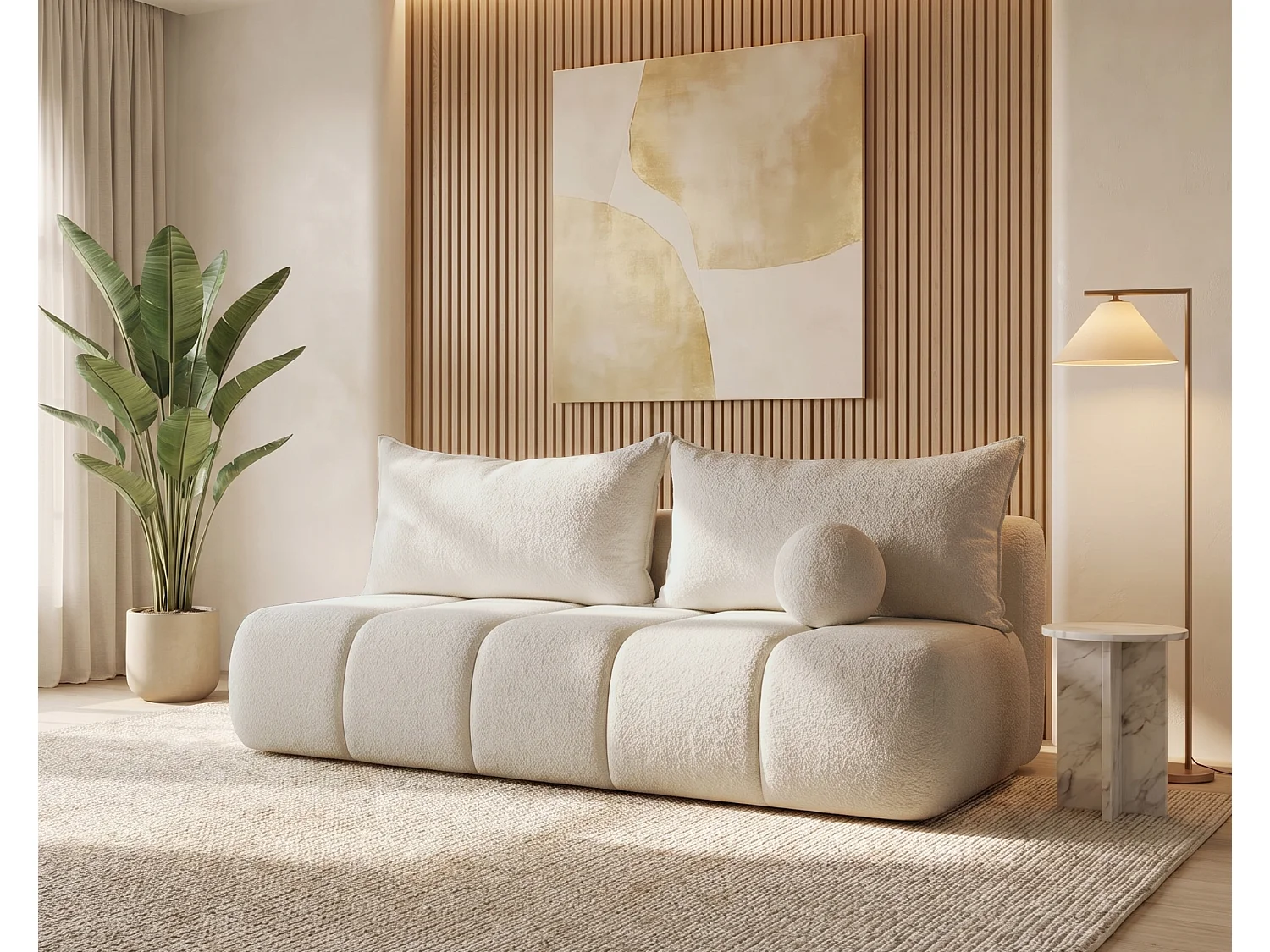 BESILIO Obła kanapa rozkładana Glomi - tkanina boucle, sofa z funkcją spania- Beżowy 4786351 - obrazek 1