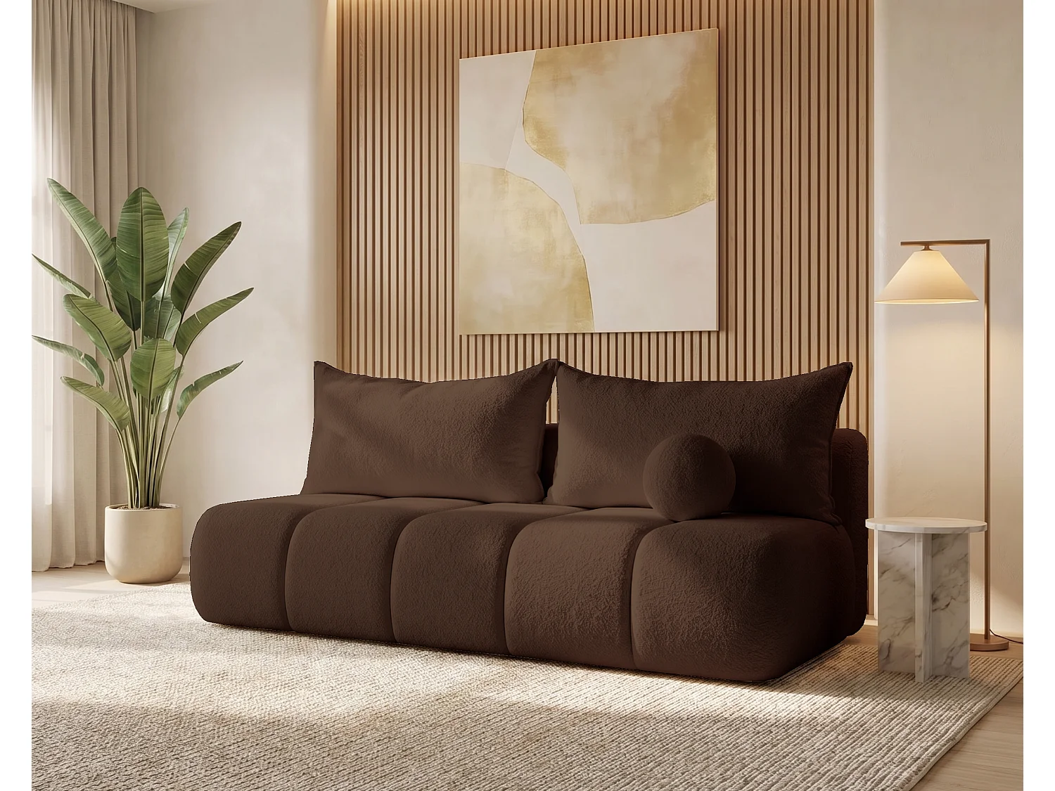 BESILIO Obła kanapa rozkładana Glomi – tkanina boucle, sofa z funkcją spania- Brązowy 4786376