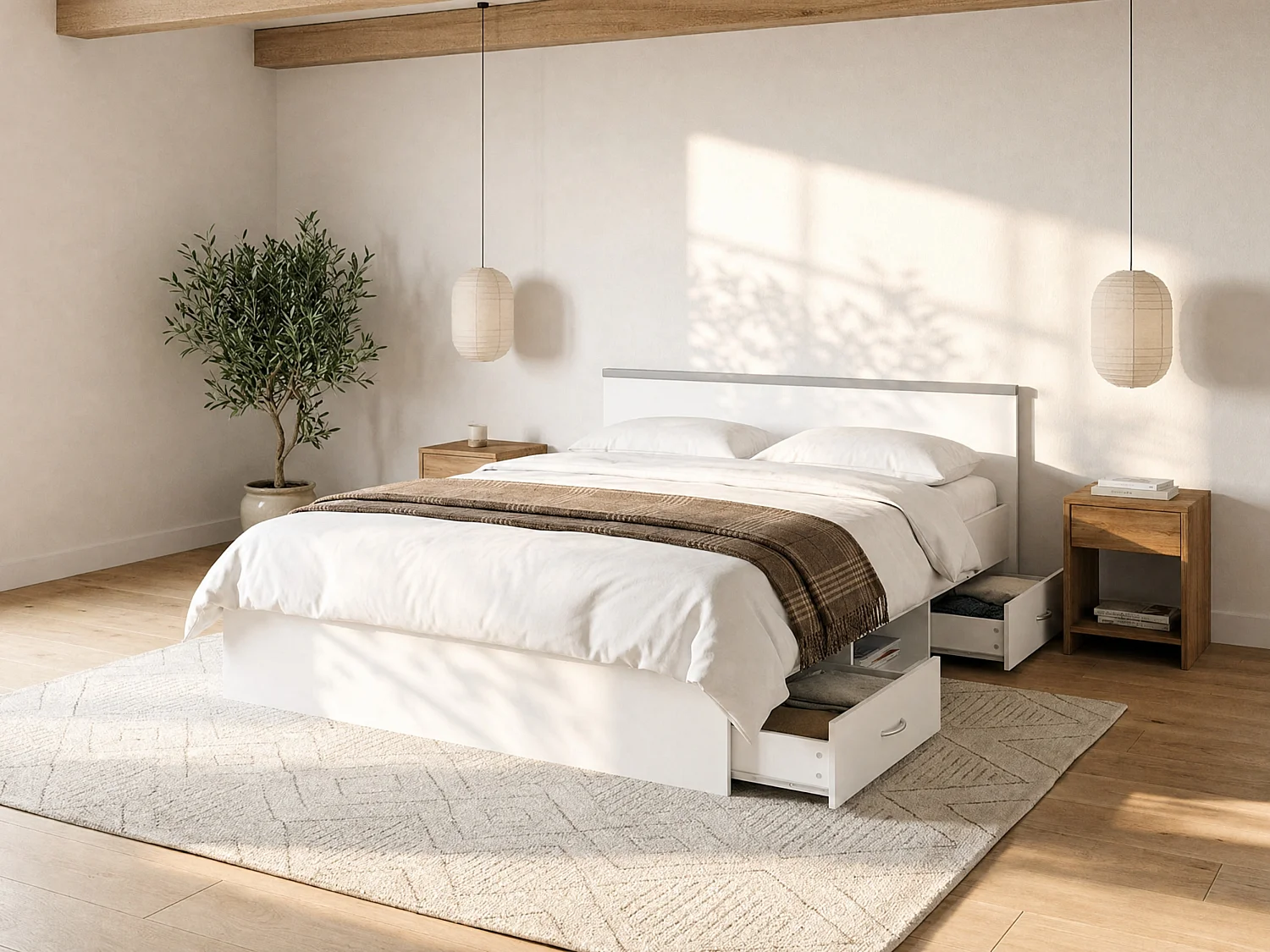 Łóżko ze skrzynią – 2 szuflady i 1 wnęka – 140 × 190 cm – kolor biały – PABLO 124479