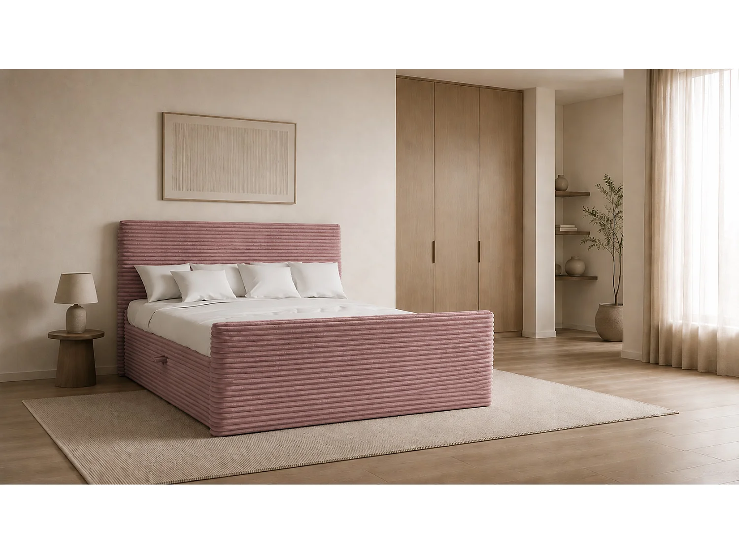 Łóżko kontynentalne z pojemnikiem i topperem TRENTO, pluszowy sztruks VELO, 180x200 cm, Różowy, H3-Bonell 4134987 - obrazek 1