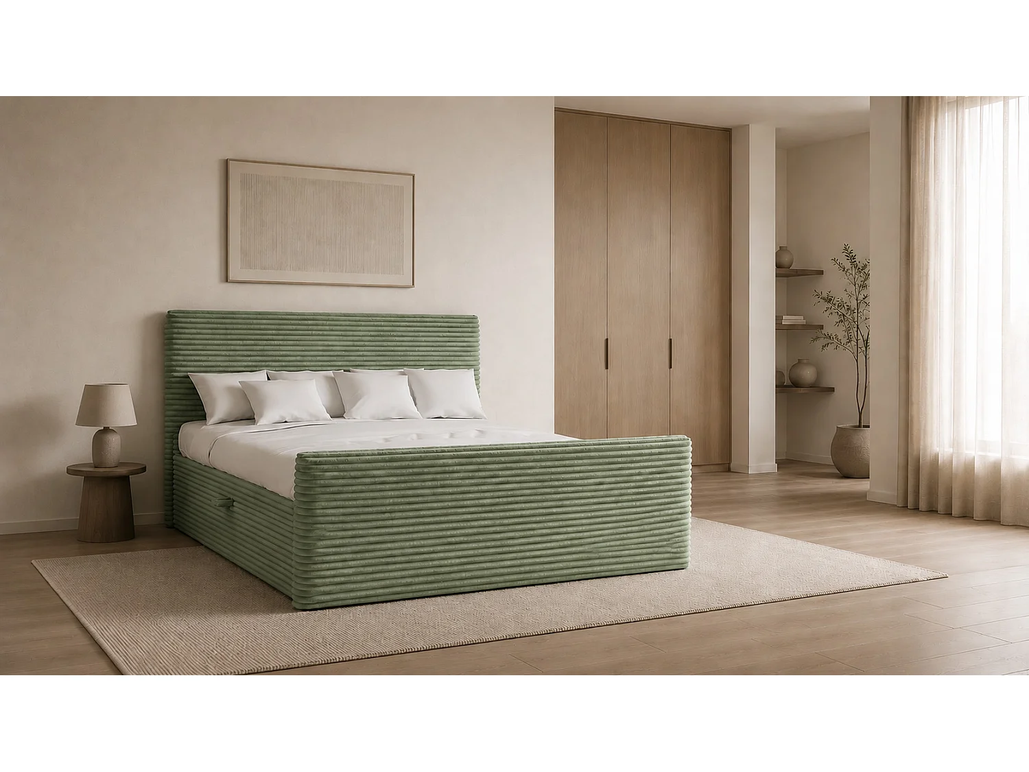 Łóżko kontynentalne z pojemnikiem i topperem TRENTO, pluszowy sztruks VELO, 120x200 cm, Oliwkowy, H3-Bonell 4134998 - obrazek 1