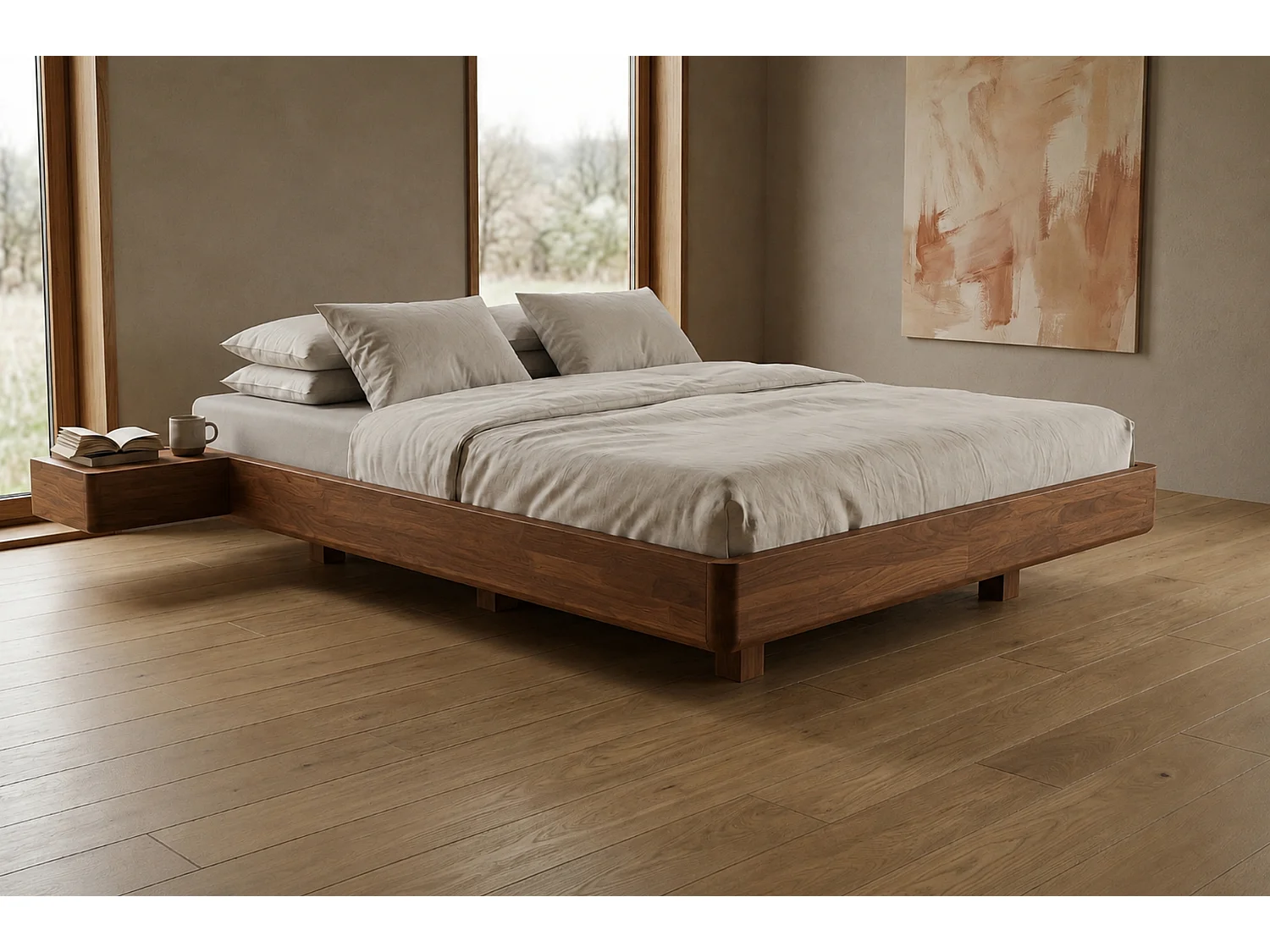 Łóżko lewitujące drewniane bukowe Visby LENA FLAT z szafkami / 200x200 cm, kolor orzech 5029398 - obrazek 1
