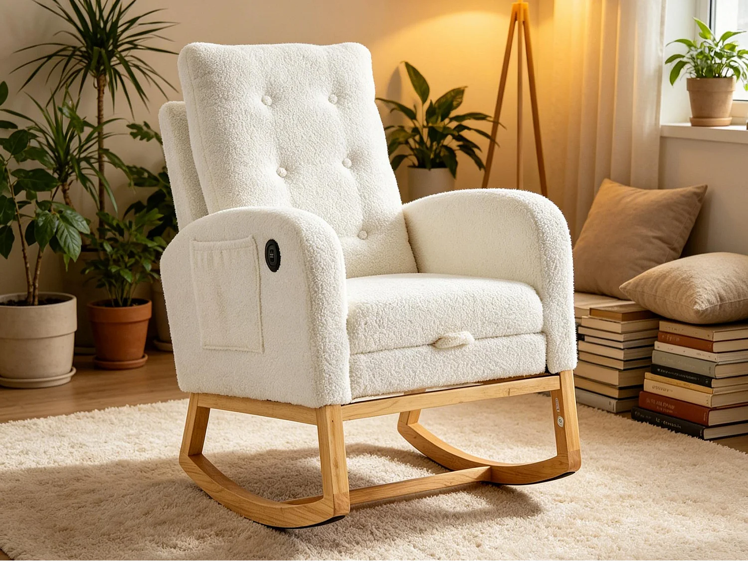 Fotel bujany z miękkiej tkaniny pluszowej - regulowany podnóżek i kieszenie boczne - port USB - 66,5x121,5x102 cm - biały 5034051 - obrazek 1