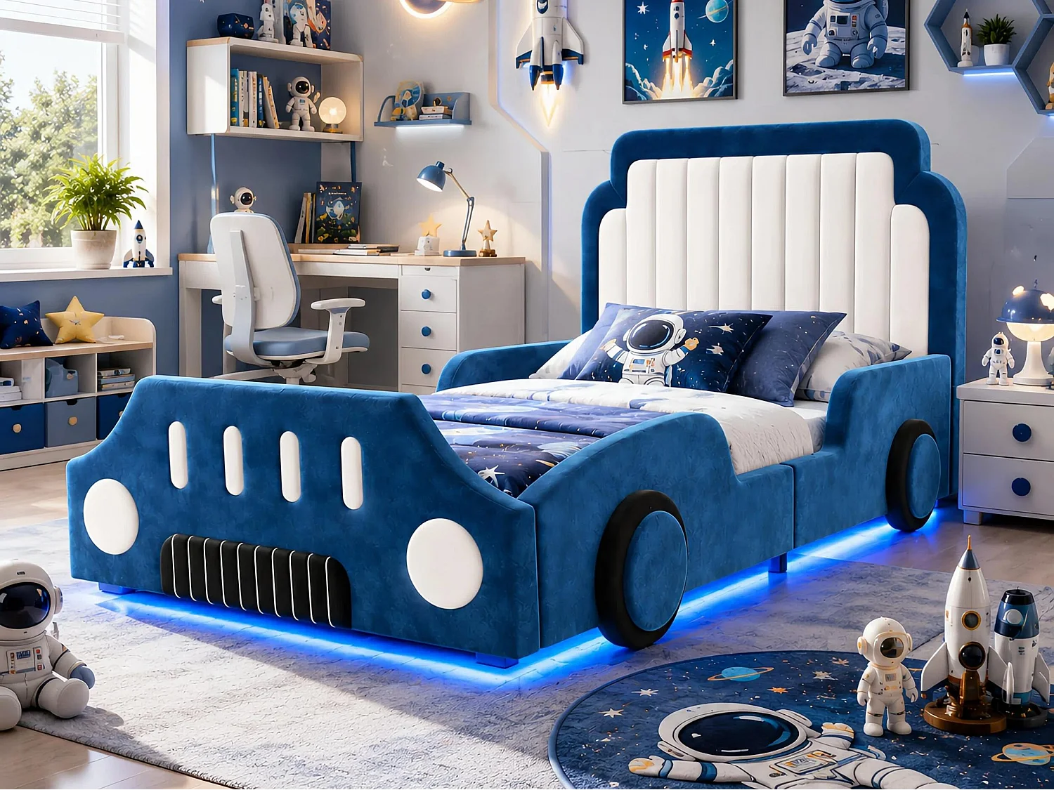 Łóżko dziecięce tapicerowane 90 x 200 cm - design w kształcie samochodu - z barierkami ochronnymi - LED - tkanina welurowa - niebieski (bez materaca) 5034299 - obrazek 1