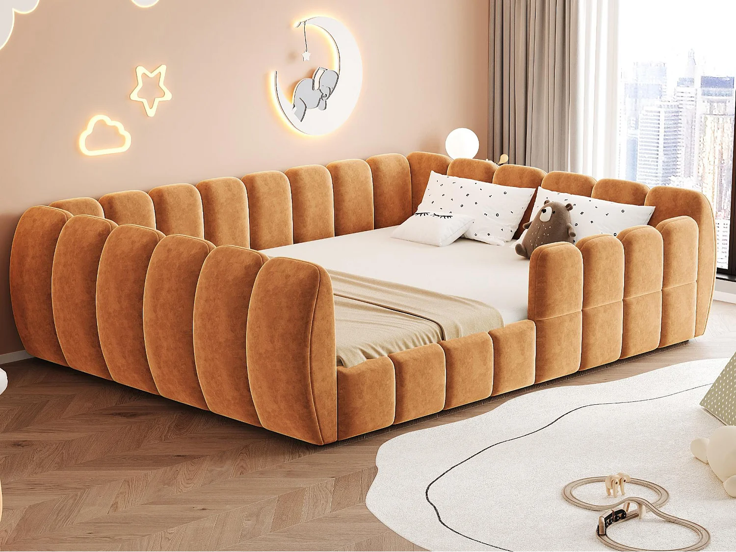 Łóżko dziecięce tapicerowane 140 × 200 cm - tkanina welurowa - zaokrąglone narożniki - pomarańczowy (materac nie w zestawie) 5034309 - obrazek 1