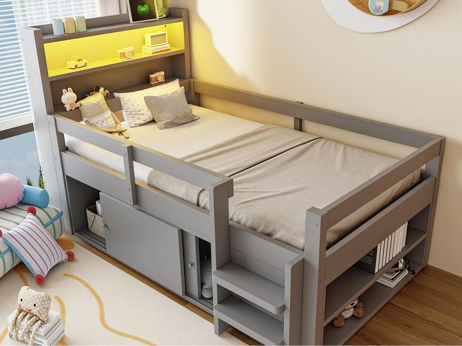 Łóżko dziecięce 90 × 200 cm - z półkami - z przegródkami do przechowywania - z oświetleniem LED - z portem ładowania USB - szary 5034339 - obrazek 1